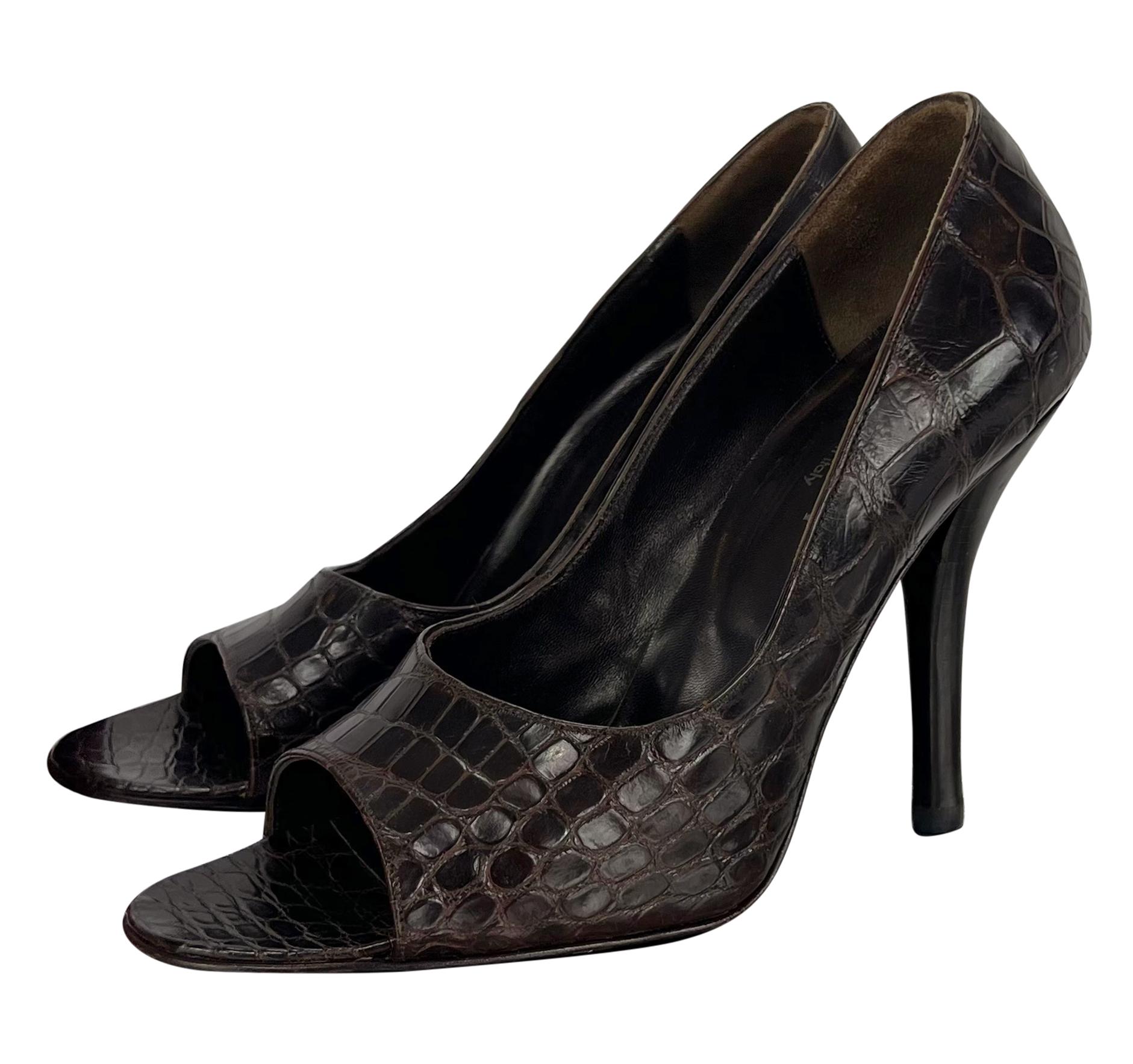 F/W 1998 Gucci by Tom Ford Ad Genuine Alligator Brown Peep Toe Heels Pumps 36.5 For Sale 1