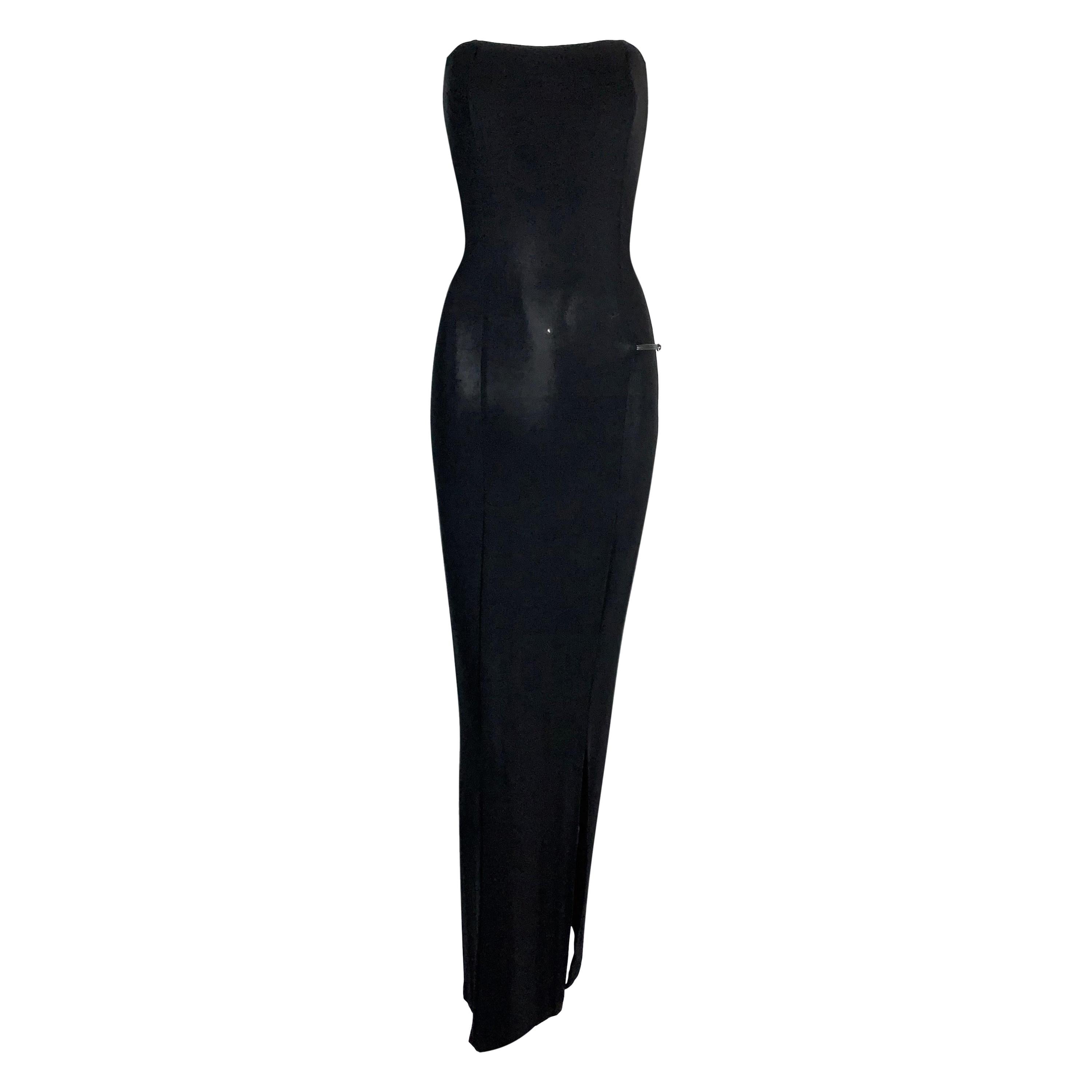 F/W 1998 Gucci by Tom Ford Black Strapless Column Gown Dress w Logo Side Belt 42