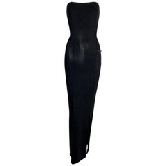 F/W 1998 Gucci by Tom Ford Black Strapless Column Gown Dress w Logo Side Belt 40