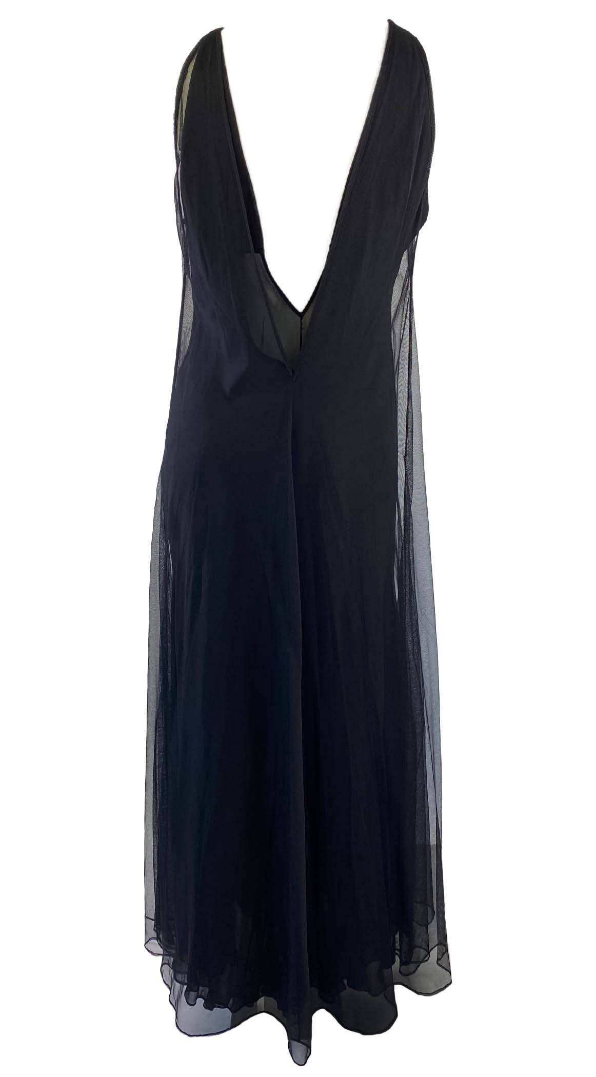 Women's F/W 1998 Gucci by Tom Ford Black Tulle Triple Layer Plunging V-Neck Sheer Gown