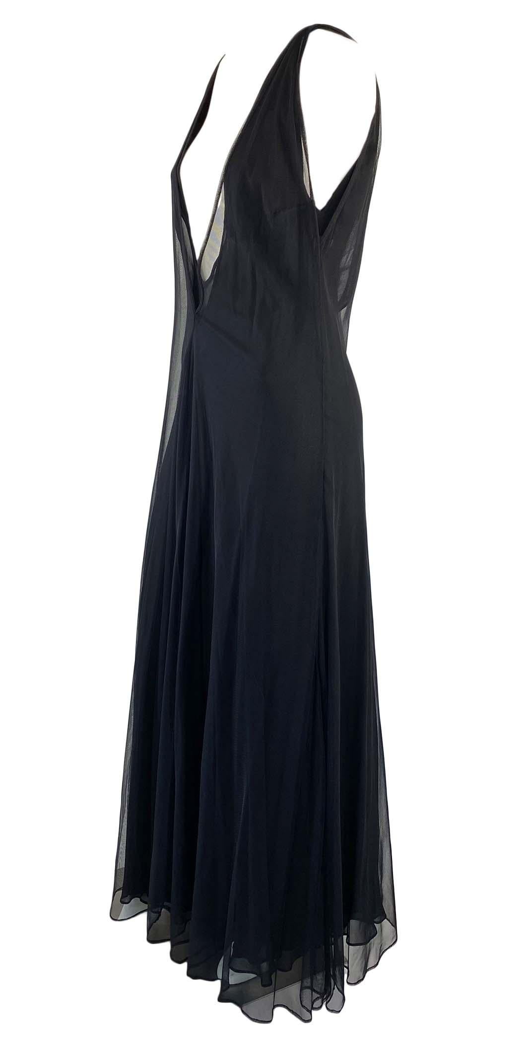 F/W 1998 Gucci by Tom Ford Black Tulle Triple Layer Plunging V-Neck Sheer Gown 1