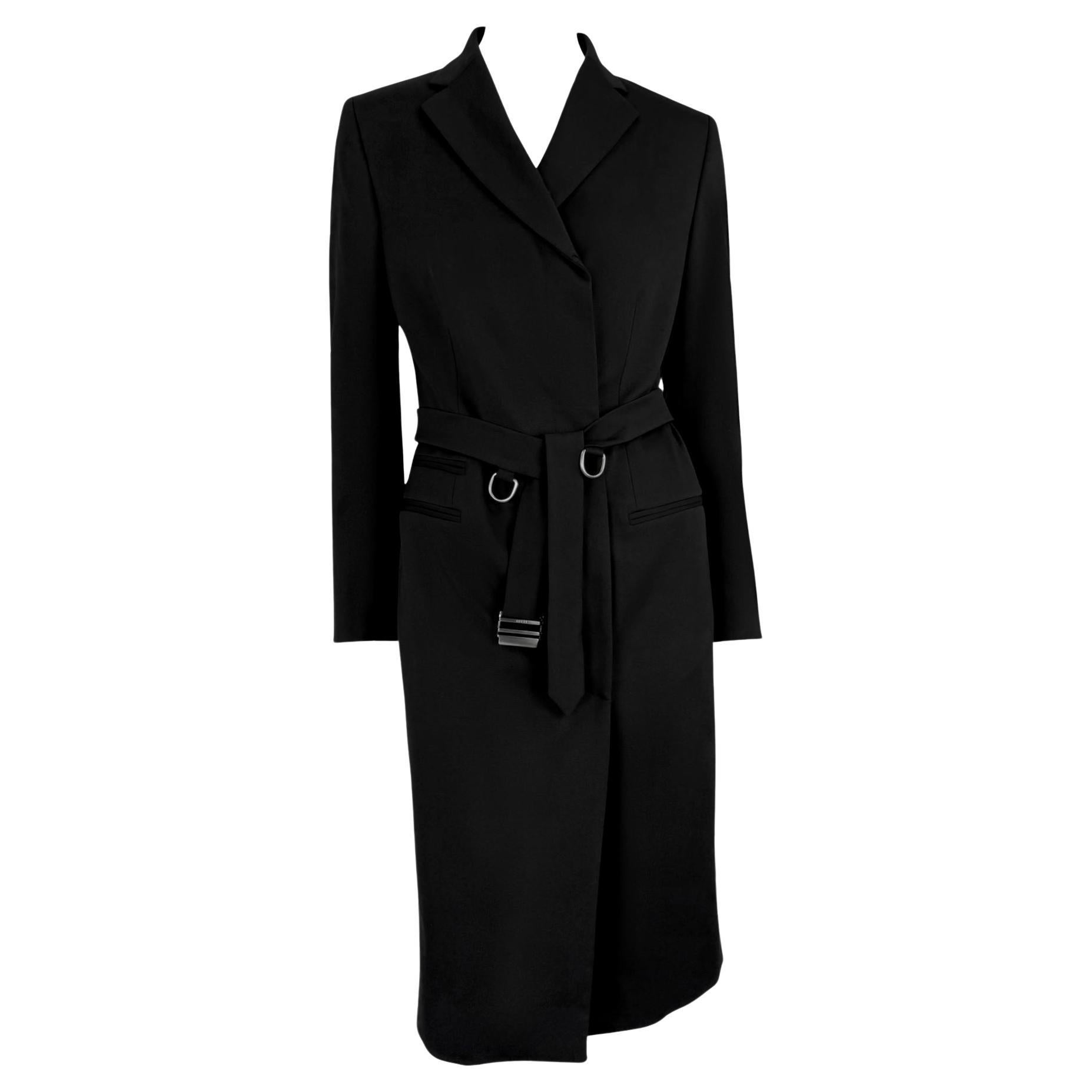 F/W 1998 Gucci by Tom Ford Runway Ring Belted Black Stretch Wool Trench Coat For Sale