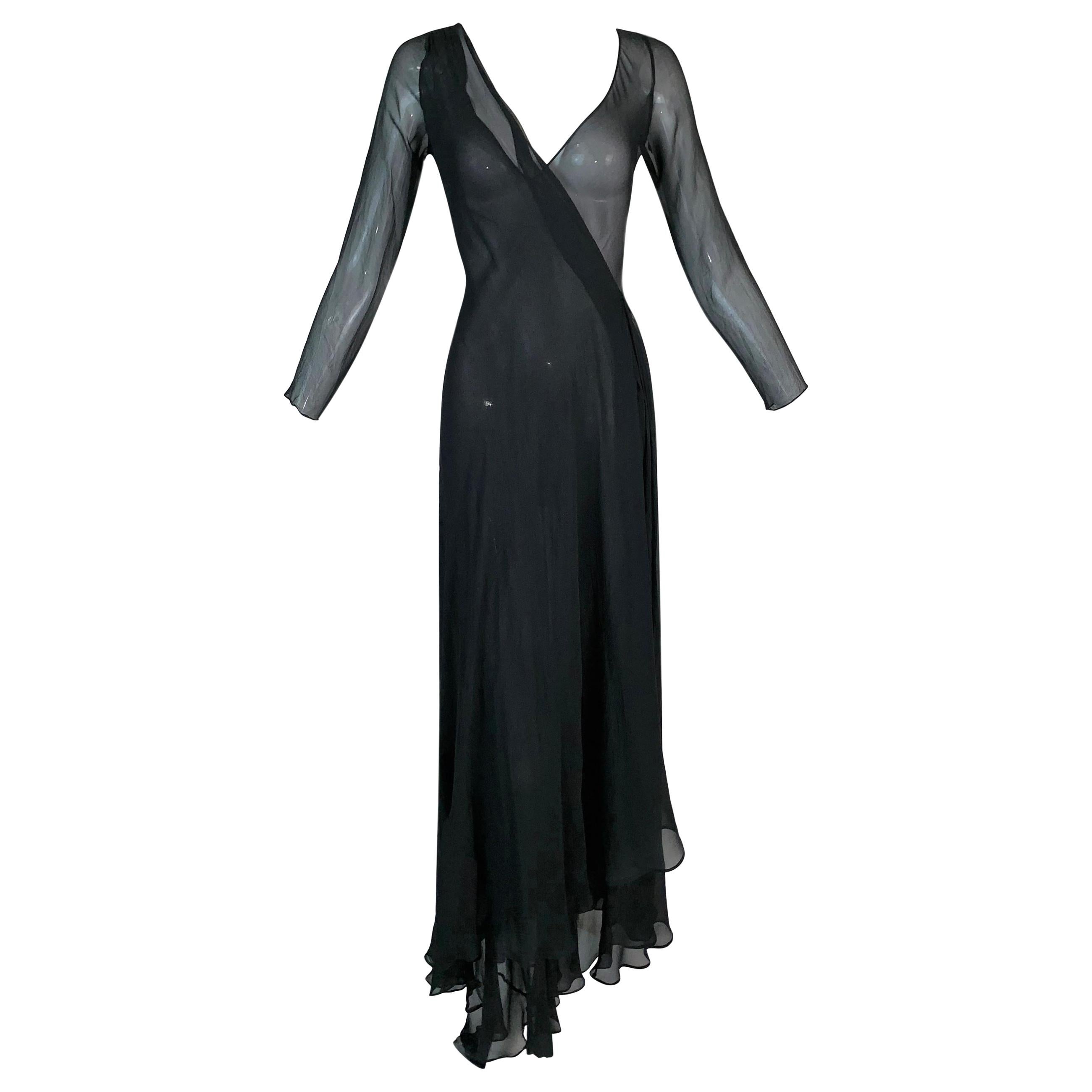 F/W 1998 Gucci by Tom Ford Sheer Black L/S Silk Long Wrap Gown Dress