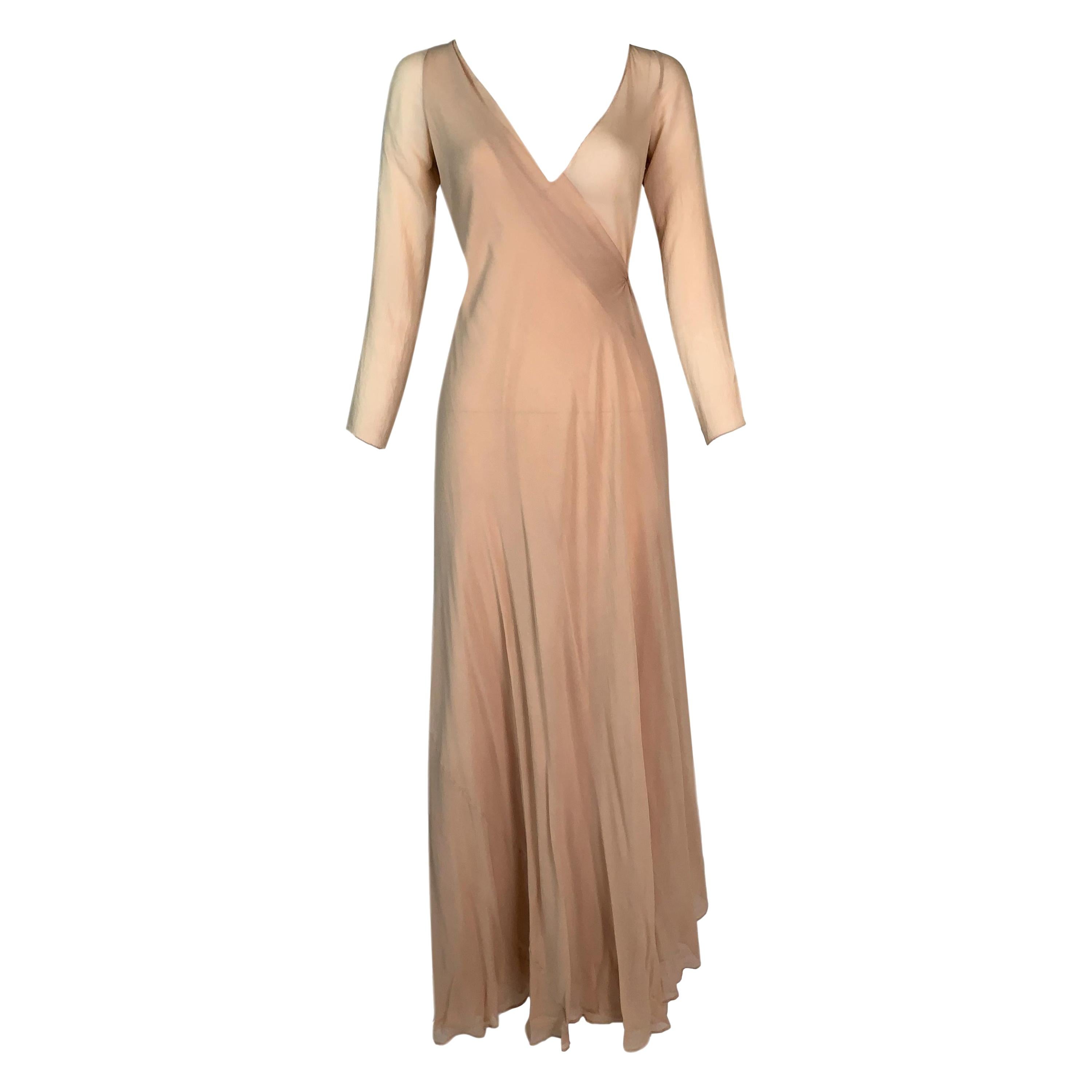 F/W 1998 Gucci Tom Ford Sheer Nude Silk L/S Wrap Long Dress