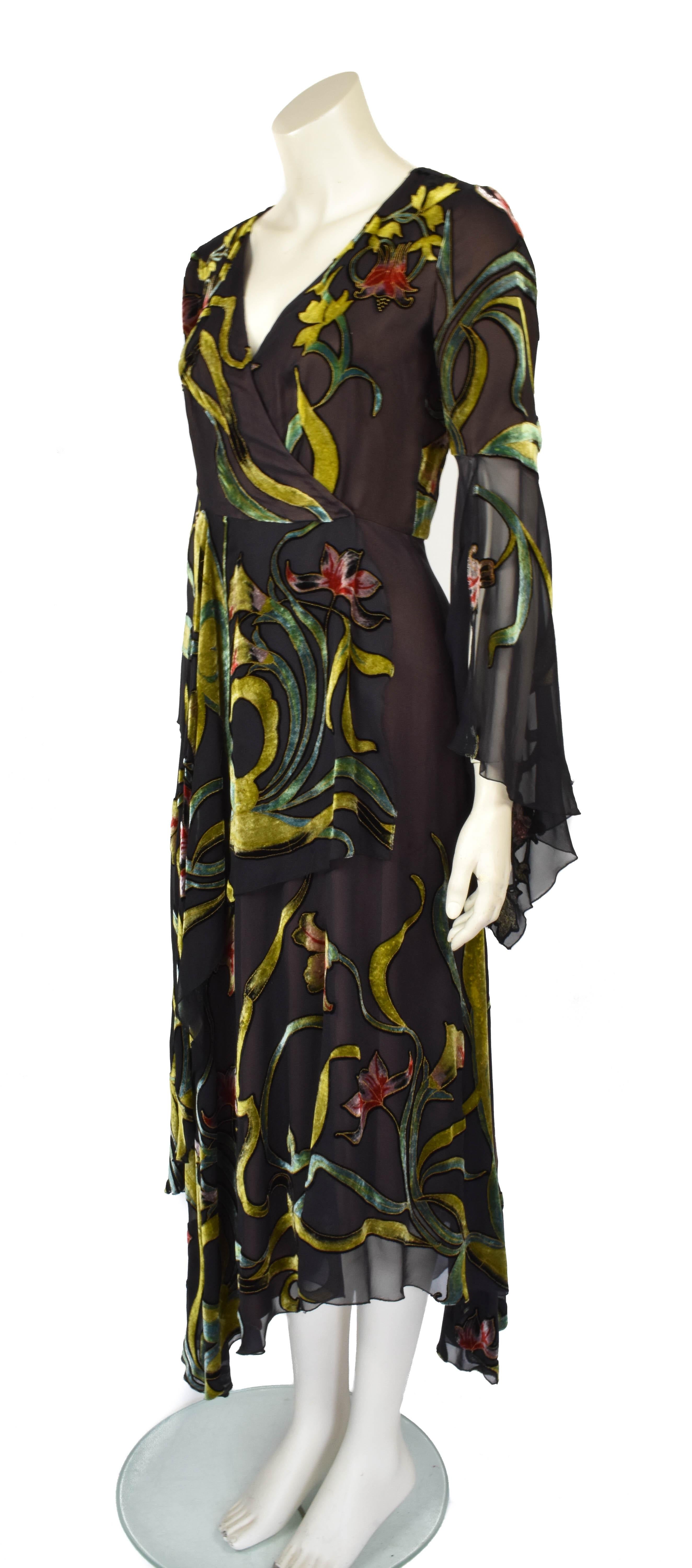 Black FINAL SALE F/W 1998 Lapidus Haute Couture Chiffon and Velvet Applique Wrap Gown
