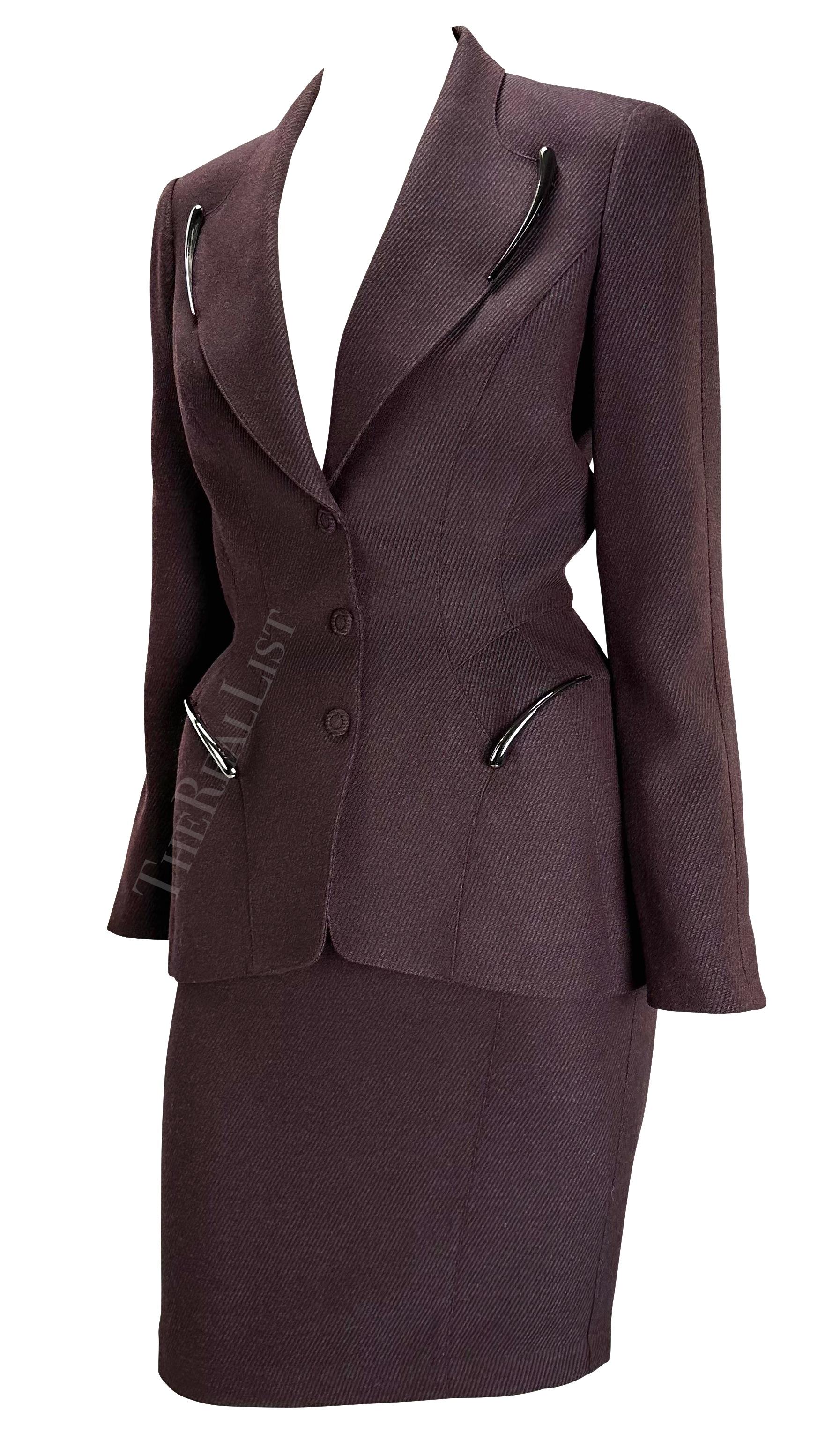 Black F/W 1998 Thierry Mugler Runway Burgundy Sculptural Metal Appliqué Skirt Suit For Sale