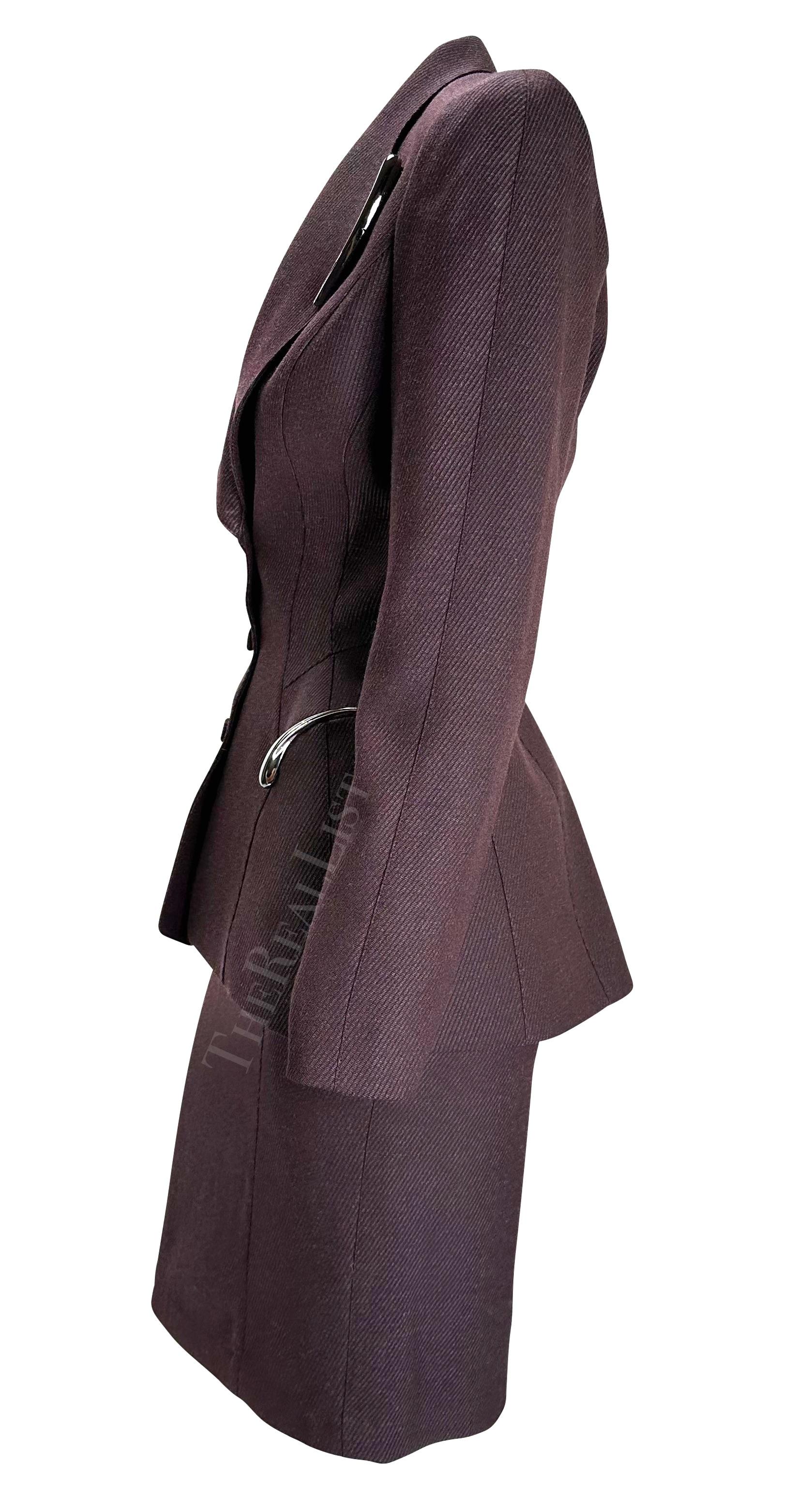 F/W 1998 Thierry Mugler Runway Burgundy Sculptural Metal Appliqué Skirt Suit In Excellent Condition For Sale In West Hollywood, CA