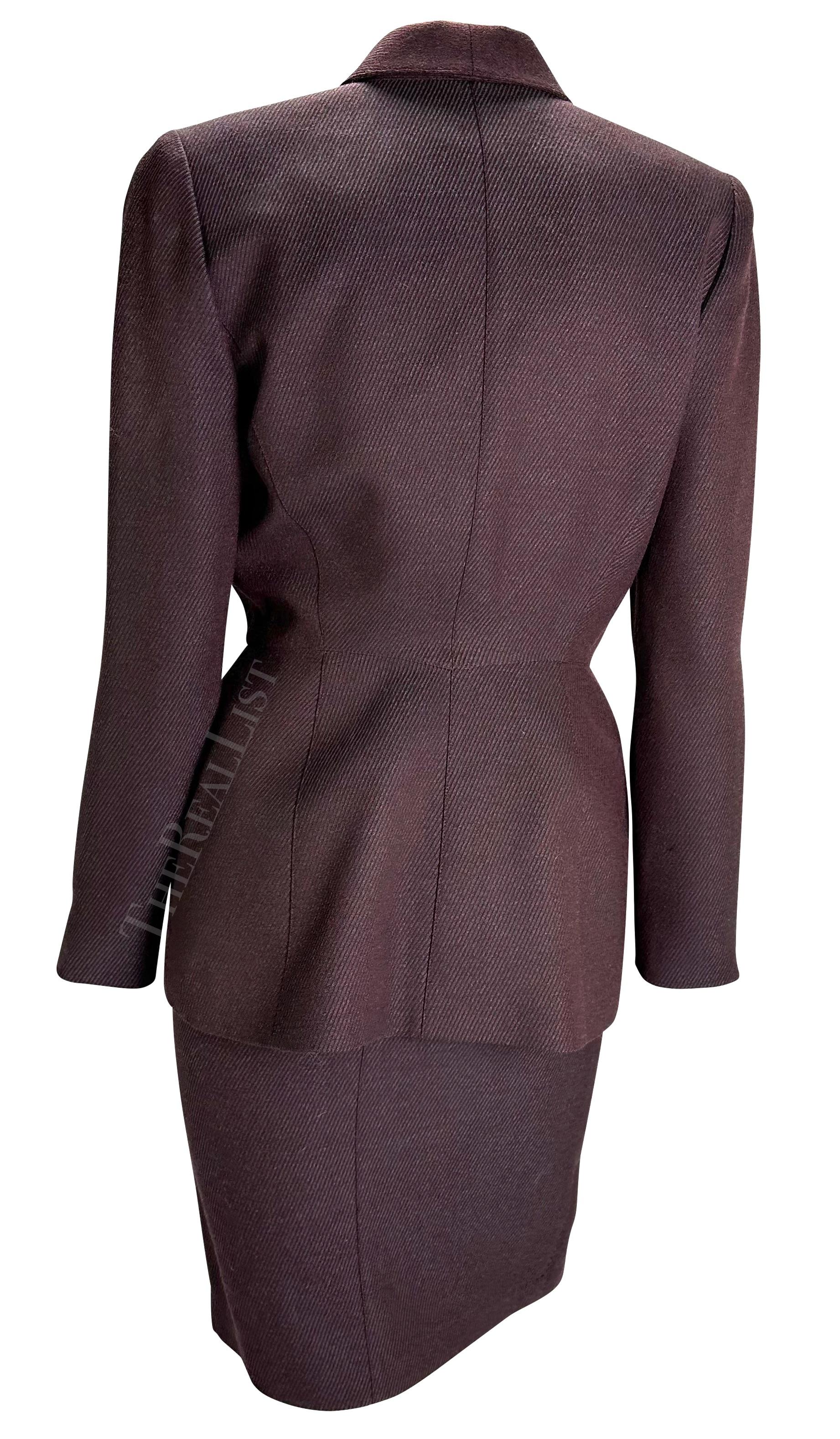 Women's F/W 1998 Thierry Mugler Runway Burgundy Sculptural Metal Appliqué Skirt Suit For Sale