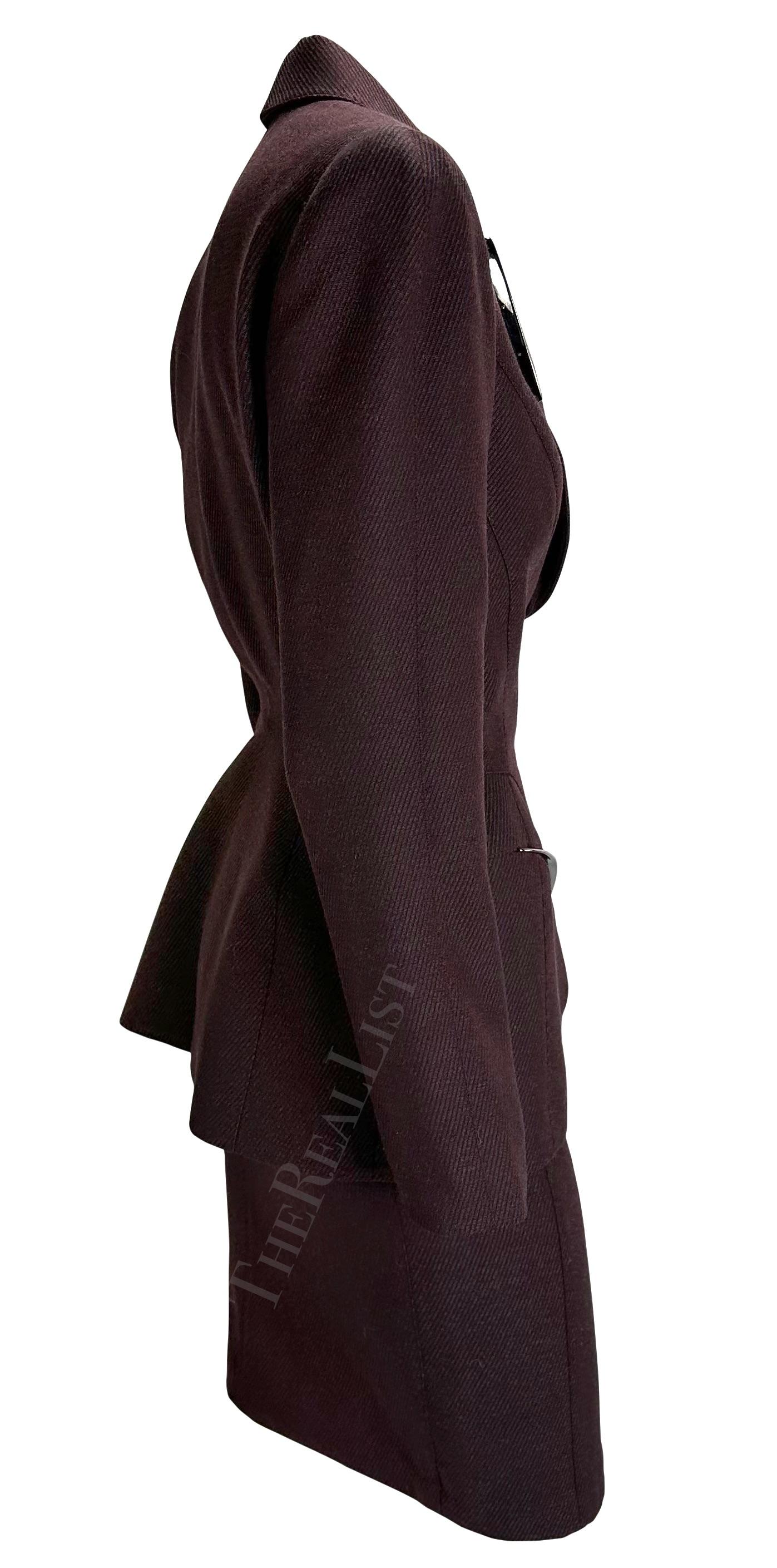 F/W 1998 Thierry Mugler Runway Burgundy Sculptural Metal Appliqué Skirt Suit For Sale 1
