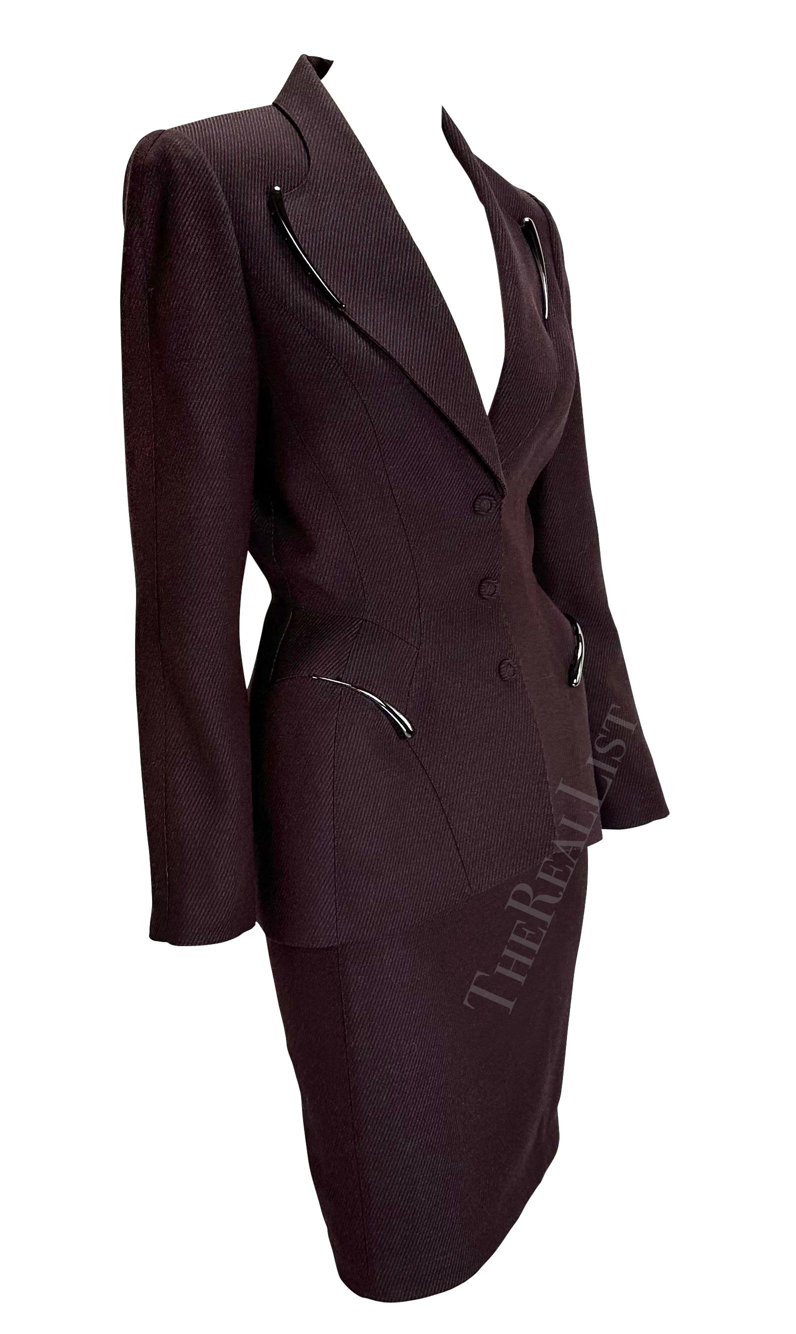 F/W 1998 Thierry Mugler Runway Burgundy Sculptural Metal Appliqué Skirt Suit For Sale 2