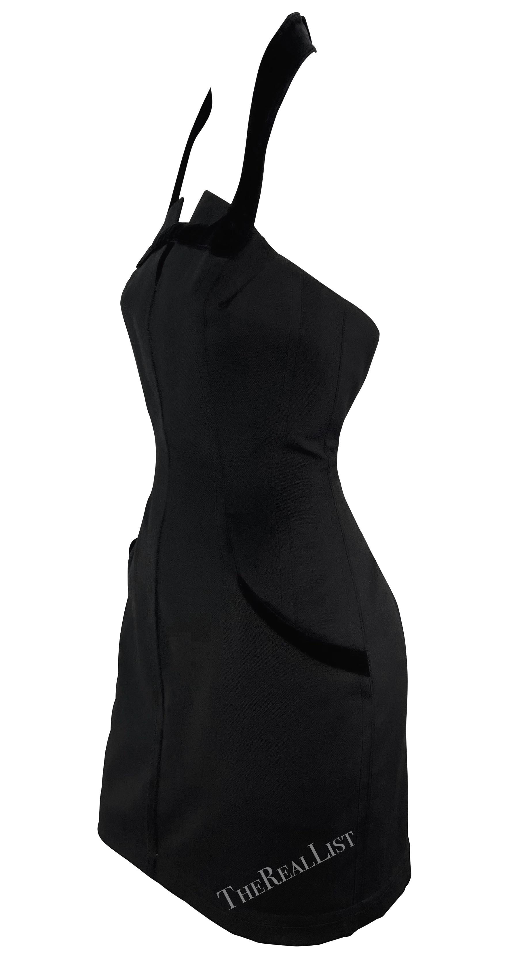 Women's F/W 1998 Thierry Mugler Runway Velvet Trim Halter Hourglass Mini Dress For Sale