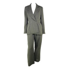 F/W 1998 Thierry Mugler Structural Green Grey Wool Striped Hourglass Pantsuit