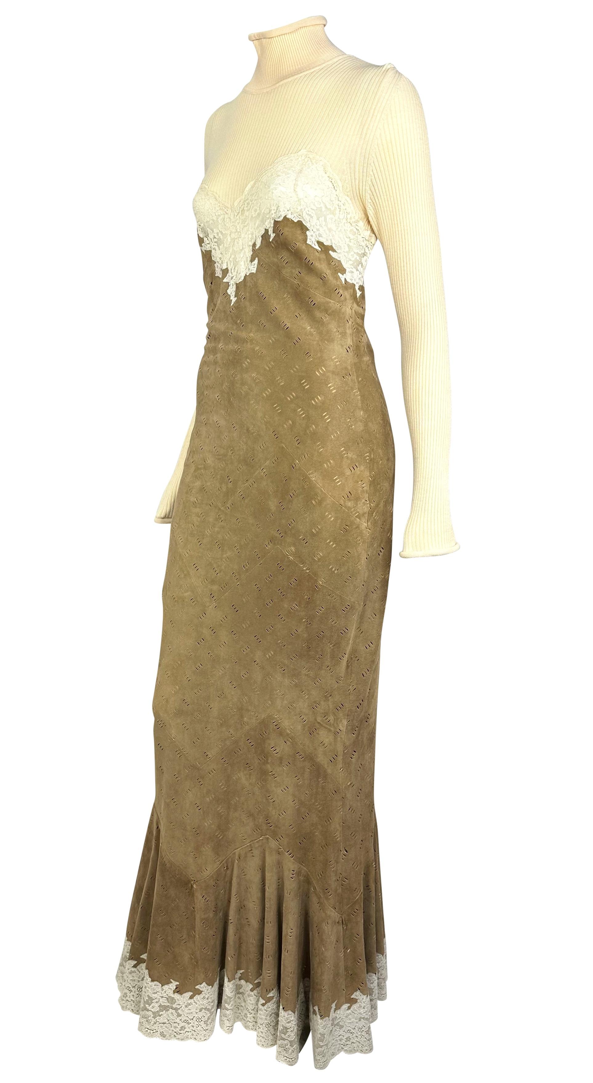 Brown F/W 1999 Christian Dior by John Galliano Runway Laser-Cut Suede Turtleneck Gown For Sale