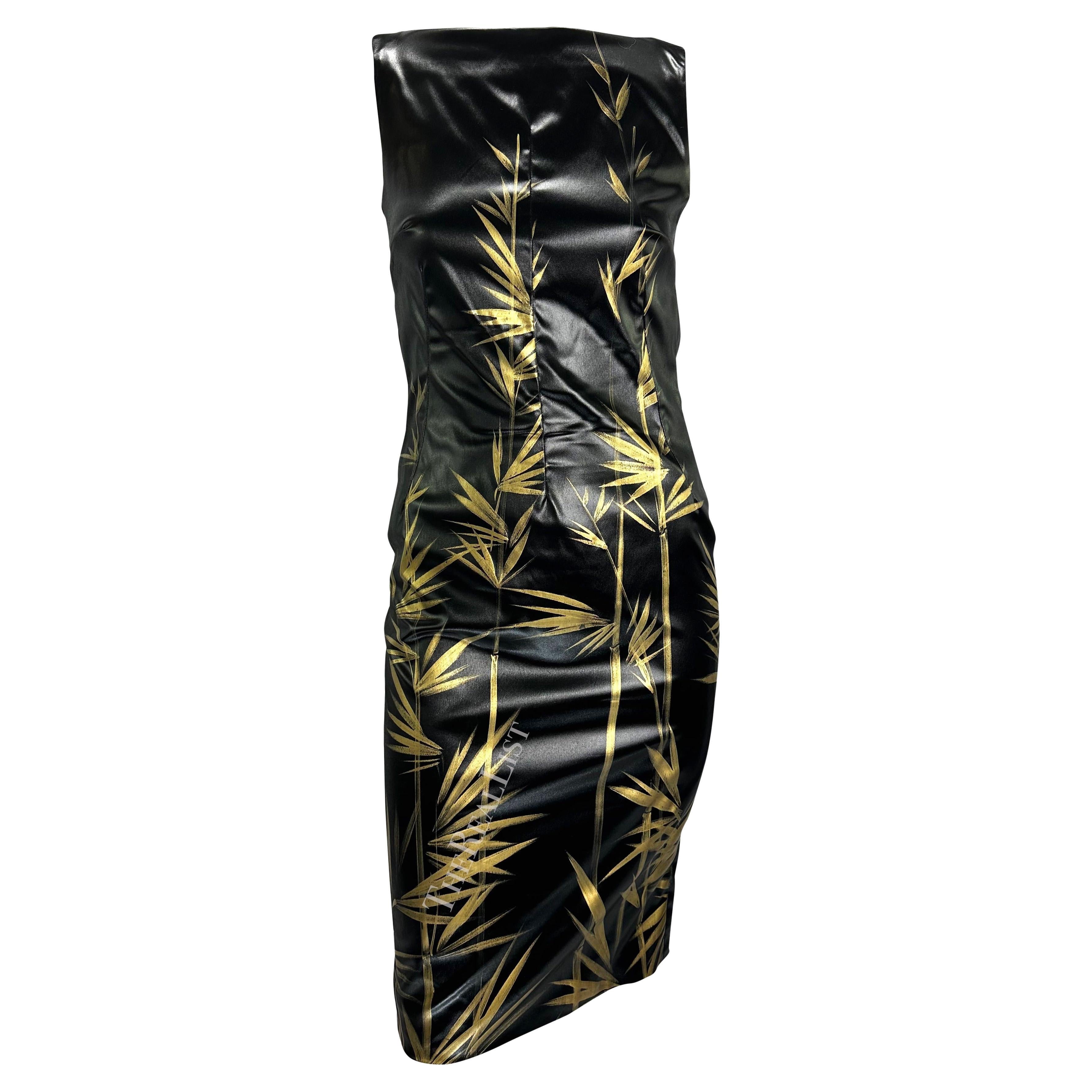 F/W 1999 Dolce & Gabbana Black 'Wet Look' Hand-Painted Gold Bamboo Bodycon Dress For Sale