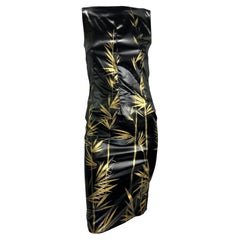 Retro F/W 1999 Dolce & Gabbana Black 'Wet Look' Hand-Painted Gold Bamboo Bodycon Dress