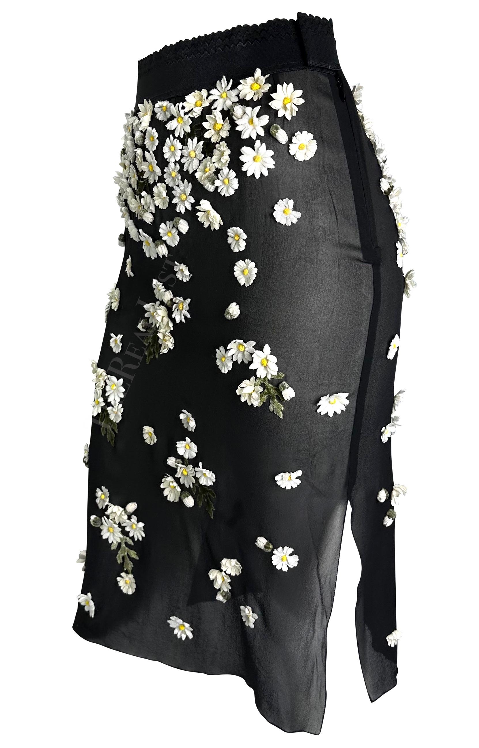 F/W 1999 Dolce & Gabbana Runway Daisy Flower Appliqué Sheer Black Slit Skirt  For Sale 1