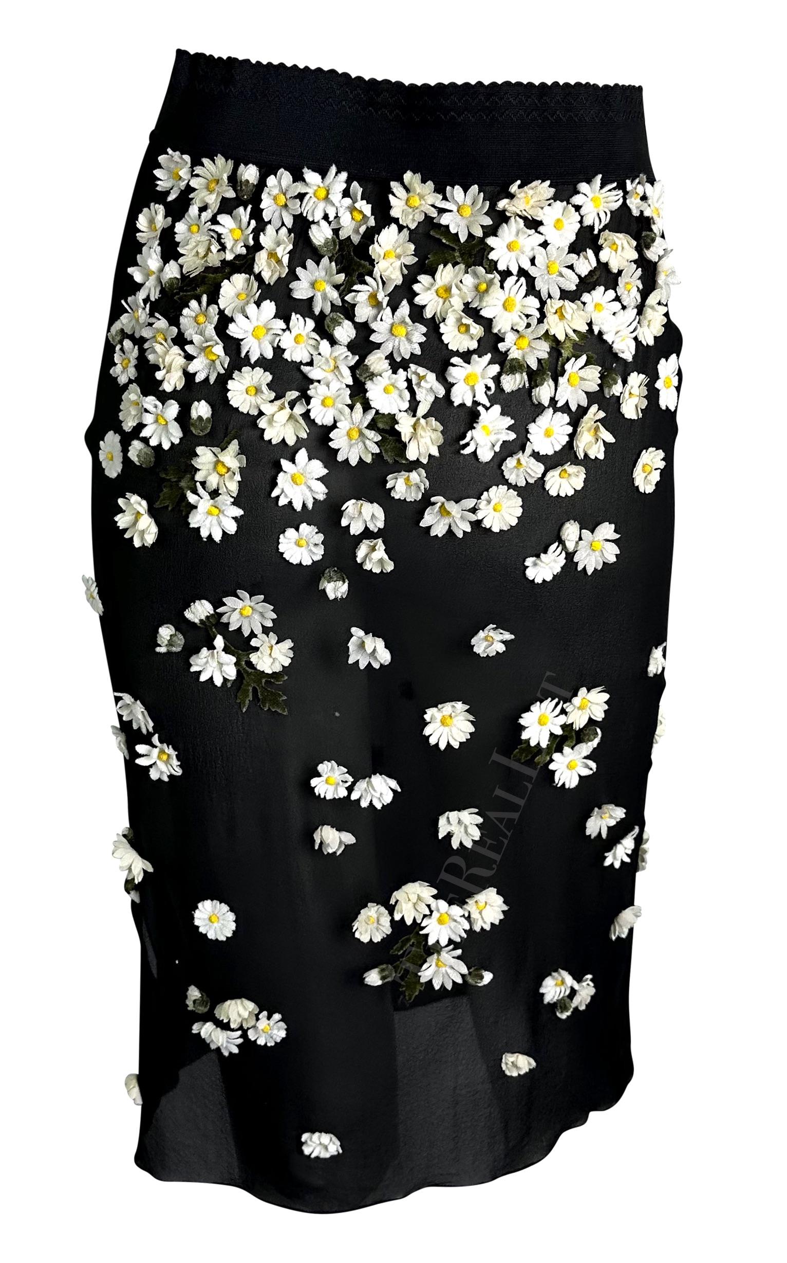 F/W 1999 Dolce & Gabbana Runway Daisy Flower Appliqué Sheer Black Slit Skirt  For Sale 3