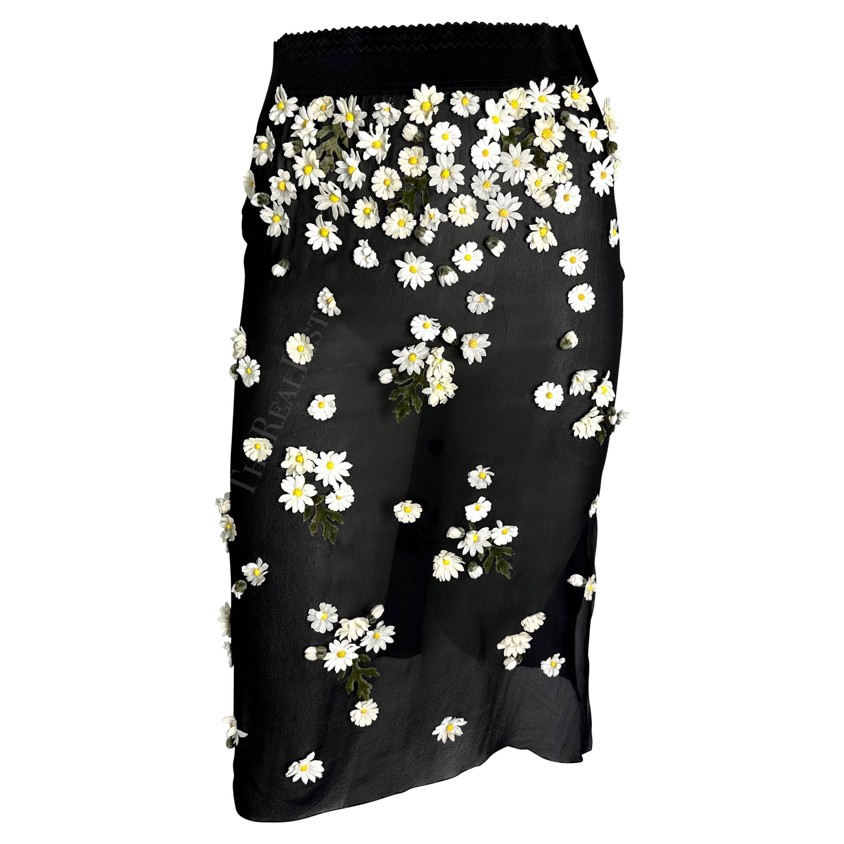 F/W 1999 Dolce & Gabbana Runway Daisy Flower Appliqué Sheer Black Slit Skirt  For Sale