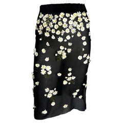 F/W 1999 Dolce & Gabbana Runway Daisy Flower Appliqué Sheer Black Slit Skirt 