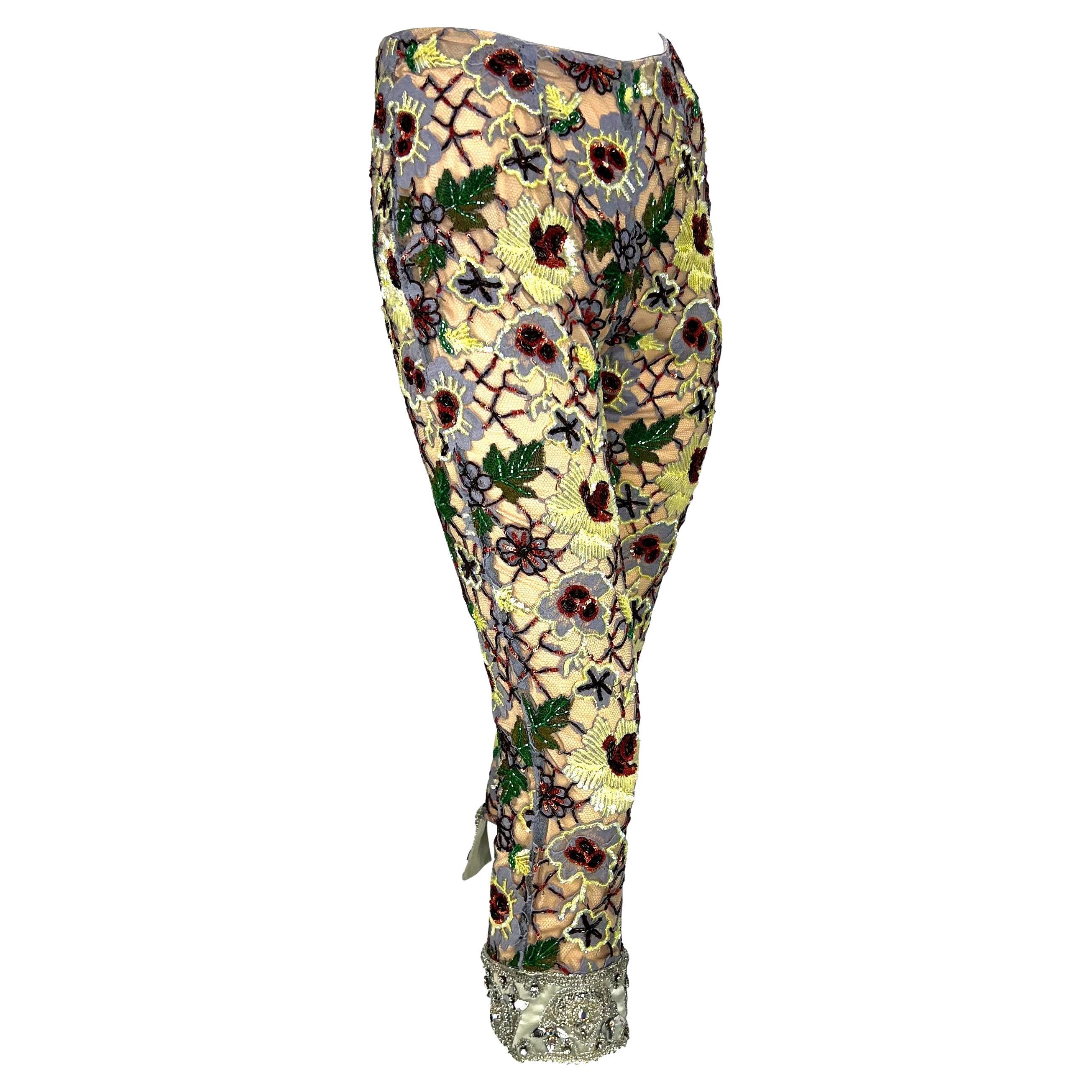 F/W 1999 Dolce & Gabbana Runway Floral Beaded Rhinestone Cropped Pants NWT For Sale 1
