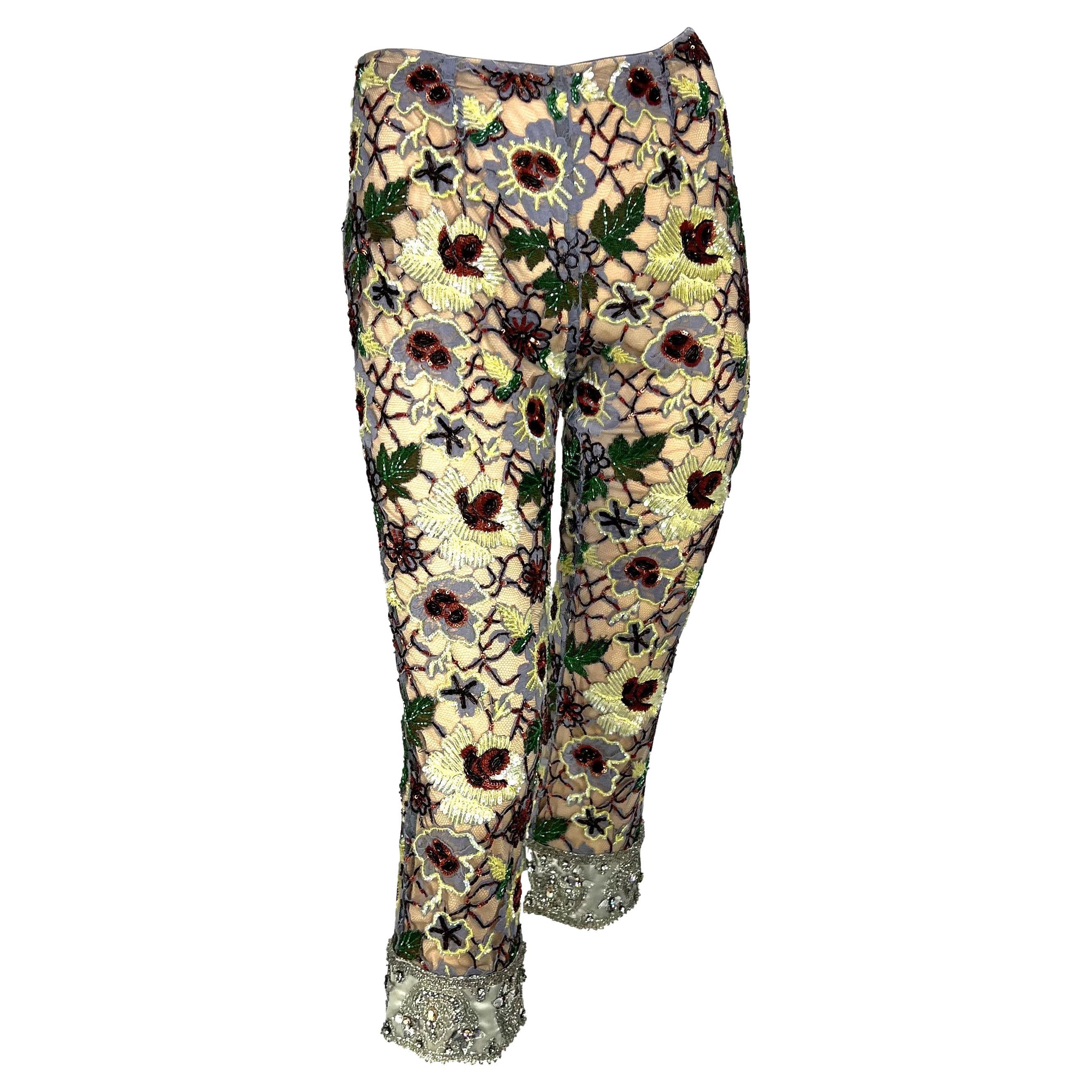 F/W 1999 Dolce & Gabbana Runway Floral Beaded Rhinestone Cropped Pants NWT For Sale 2