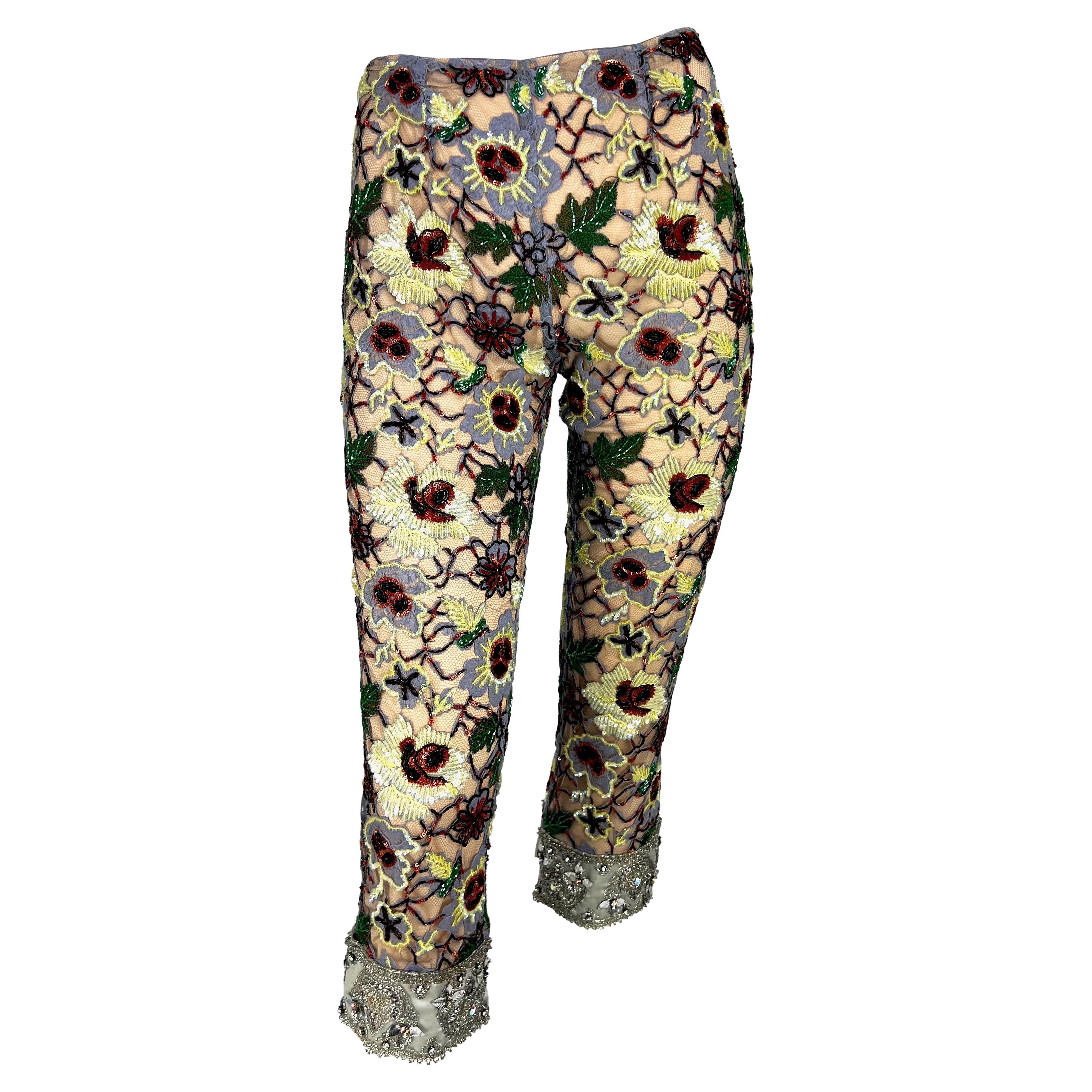 F/W 1999 Dolce & Gabbana Runway Floral Beaded Rhinestone Cropped Pants NWT For Sale