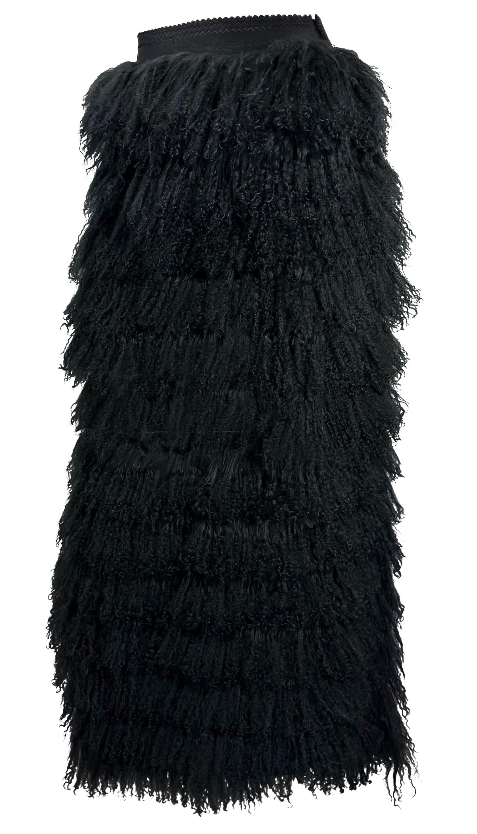 F/W 1999 Dolce & Gabbana Runway Mongolian Lamb Tiered Fur Sheer Black Skirt For Sale 2