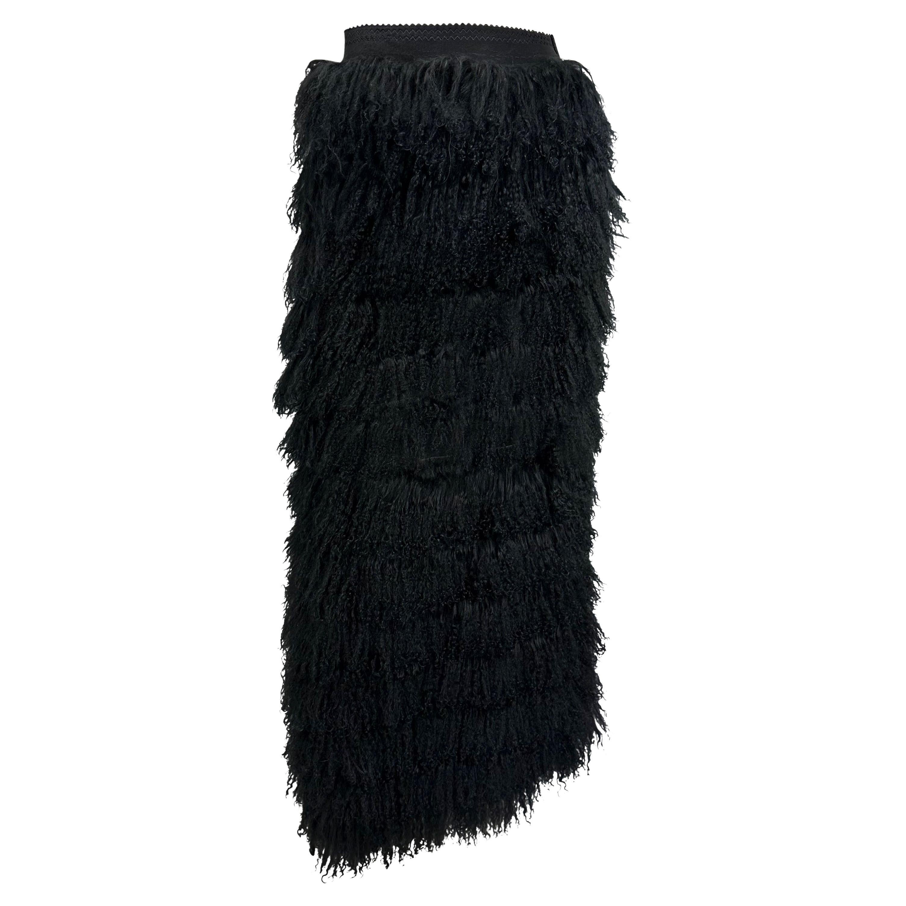 F/W 1999 Dolce & Gabbana Runway Mongolian Lamb Tiered Fur Sheer Black Skirt For Sale