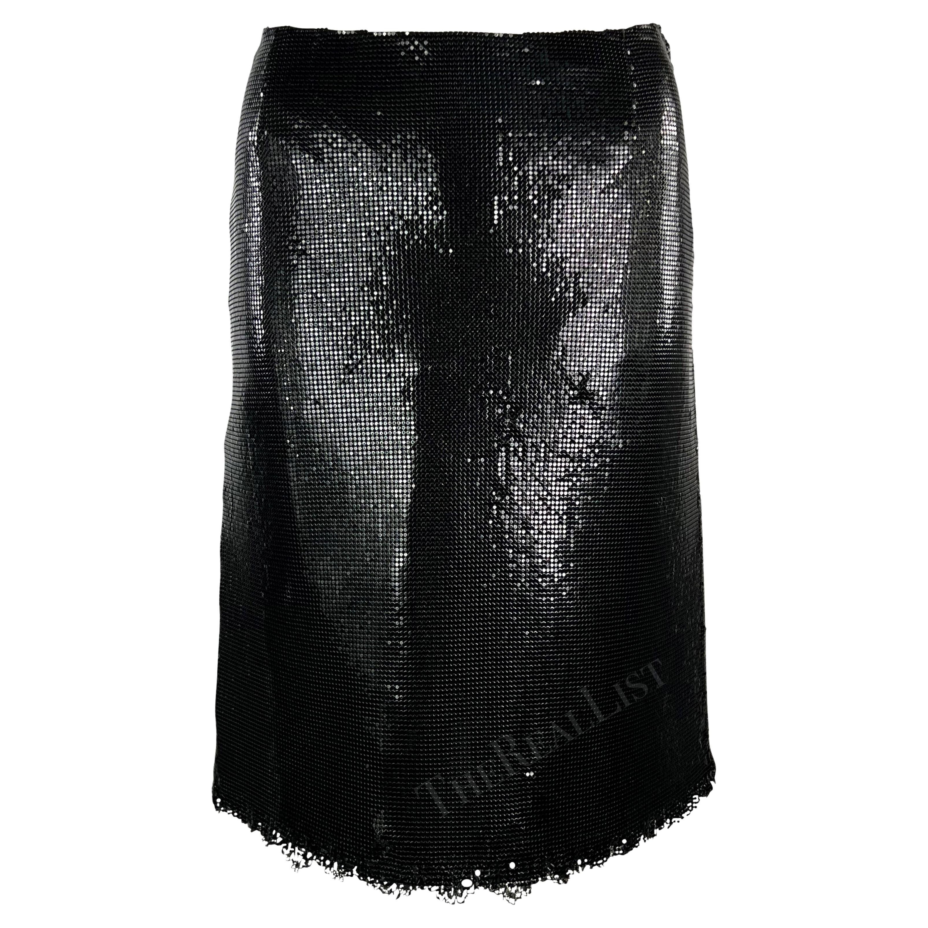 F/W 1999 Gianni Versace by Donatella Black Metal Oroton Fringe Pencil Skirt For Sale