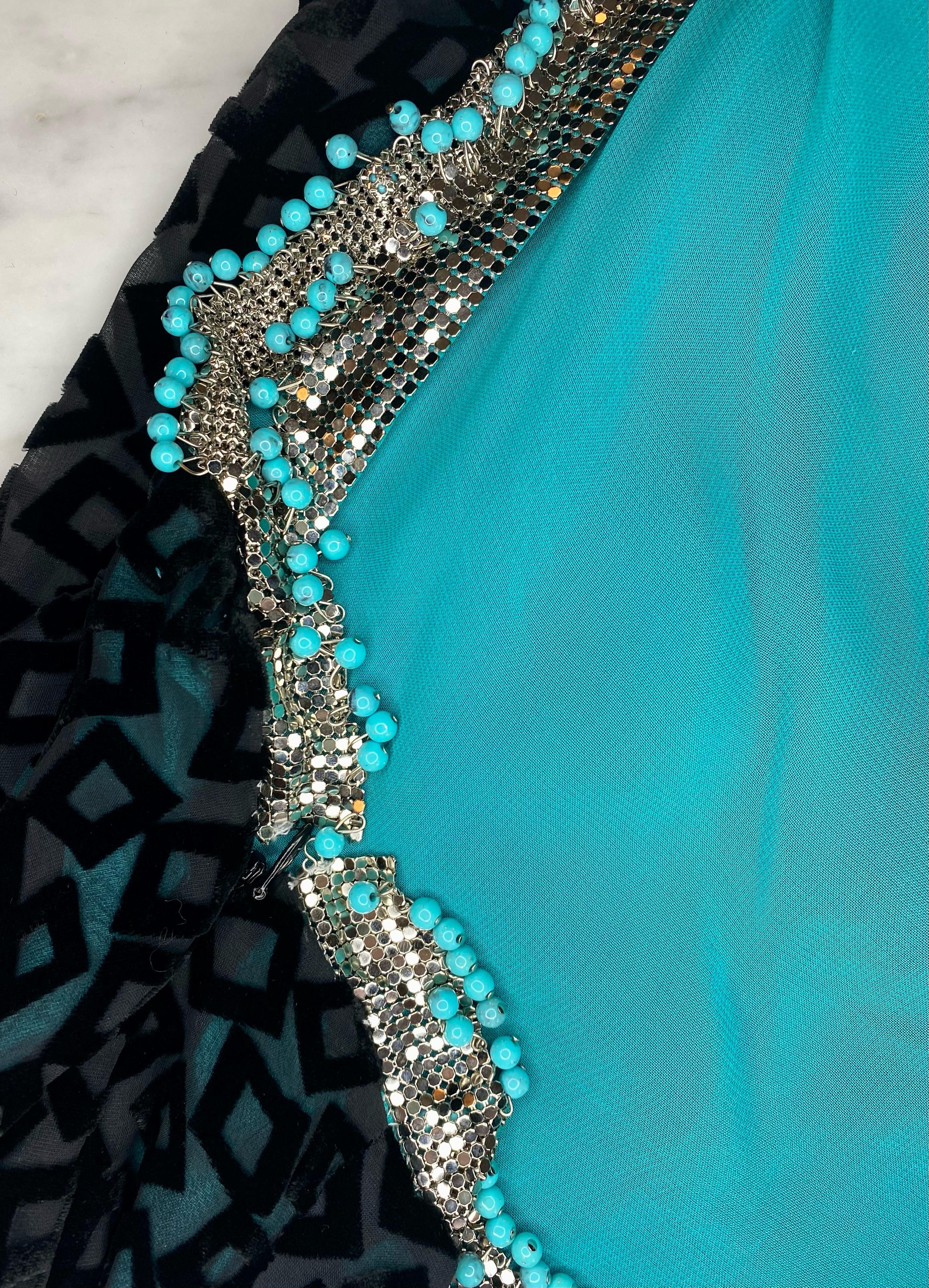 F/W 1999 Gianni Versace by Donatella Black Velvet Turquoise Beaded Oroton Gown For Sale 3