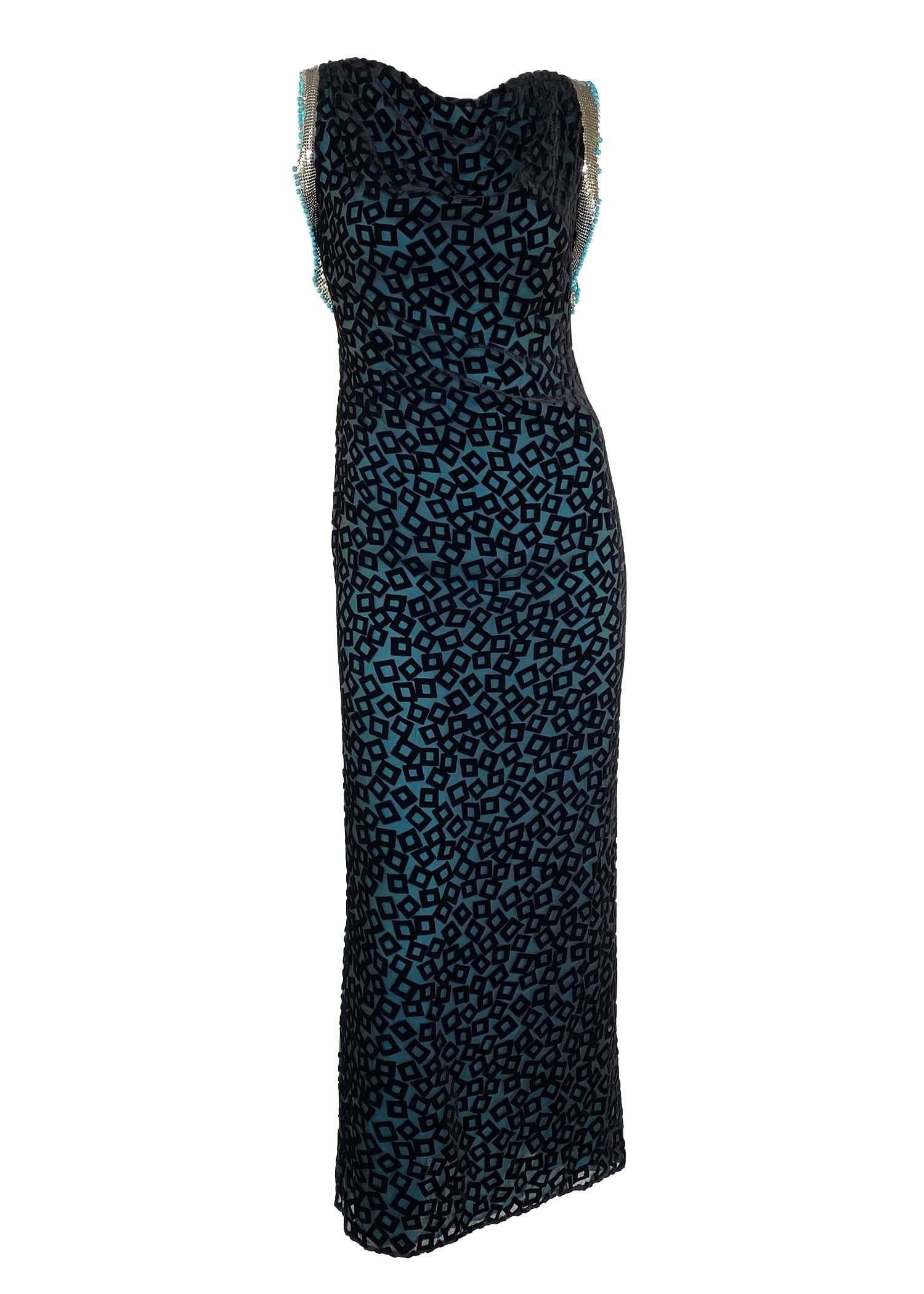 F/W 1999 Gianni Versace for Donatella Schwarzer Samt Türkis Perlen Oroton Kleid Damen im Angebot
