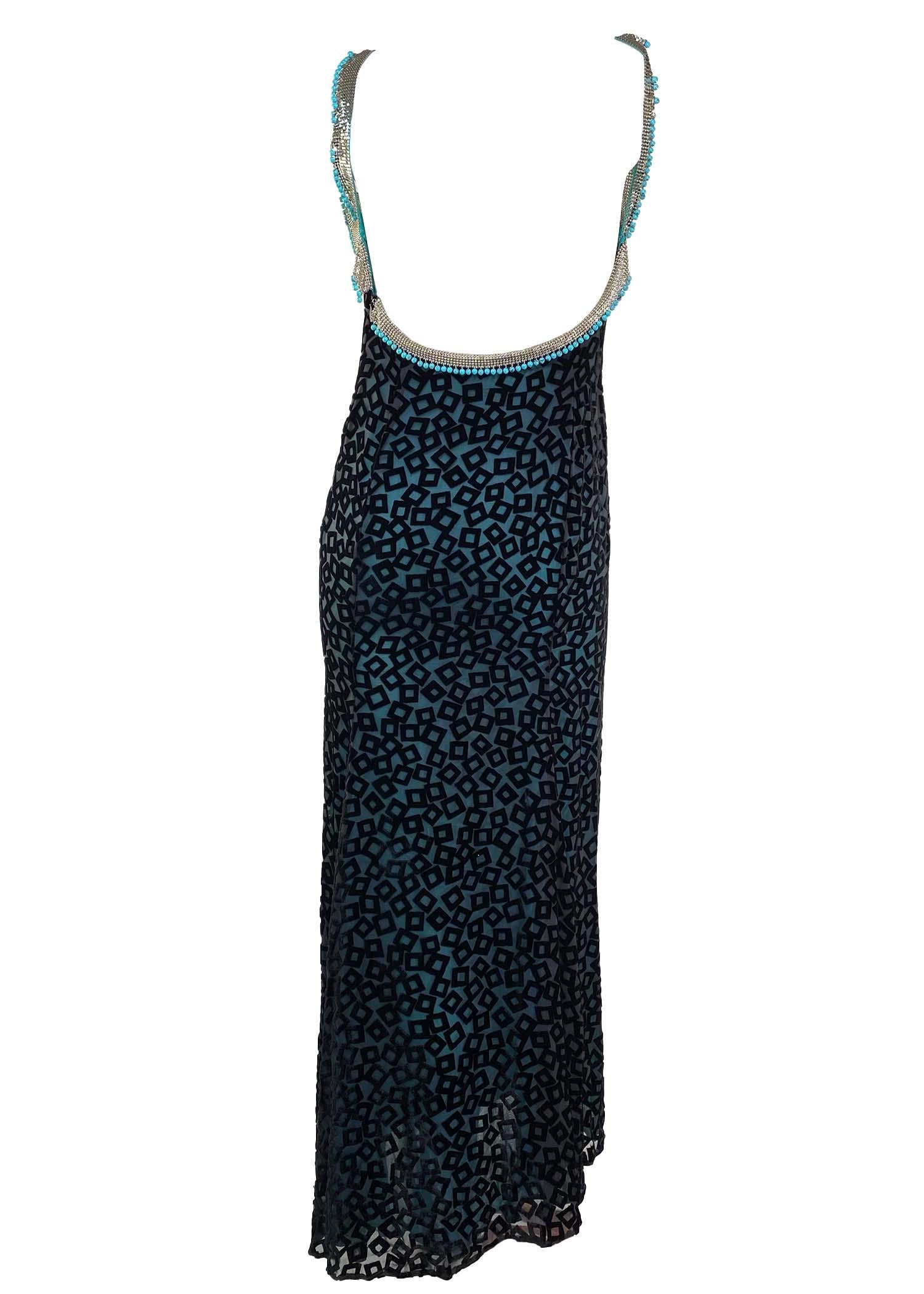 F/W 1999 Gianni Versace by Donatella Black Velvet Turquoise Beaded Oroton Gown In Good Condition For Sale In West Hollywood, CA
