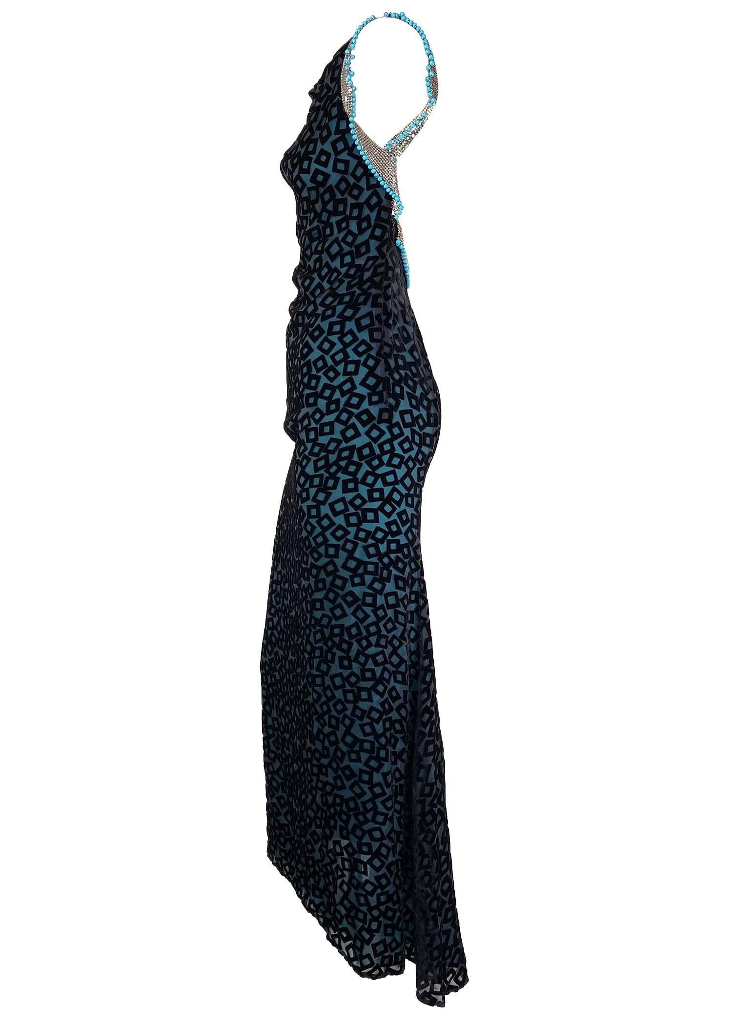 Women's F/W 1999 Gianni Versace by Donatella Black Velvet Turquoise Beaded Oroton Gown For Sale