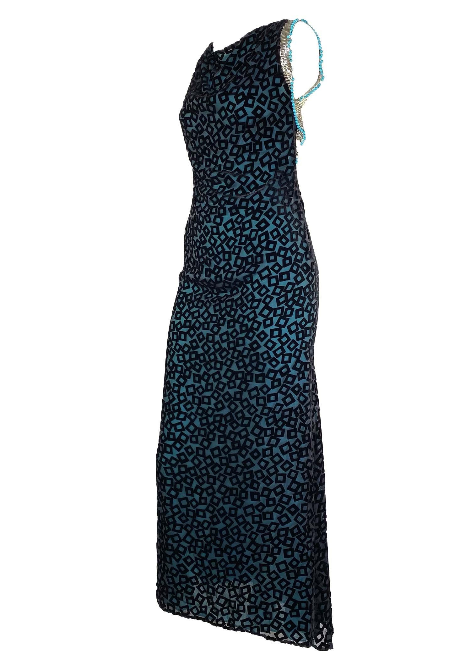 F/W 1999 Gianni Versace by Donatella Black Velvet Turquoise Beaded Oroton Gown For Sale 1