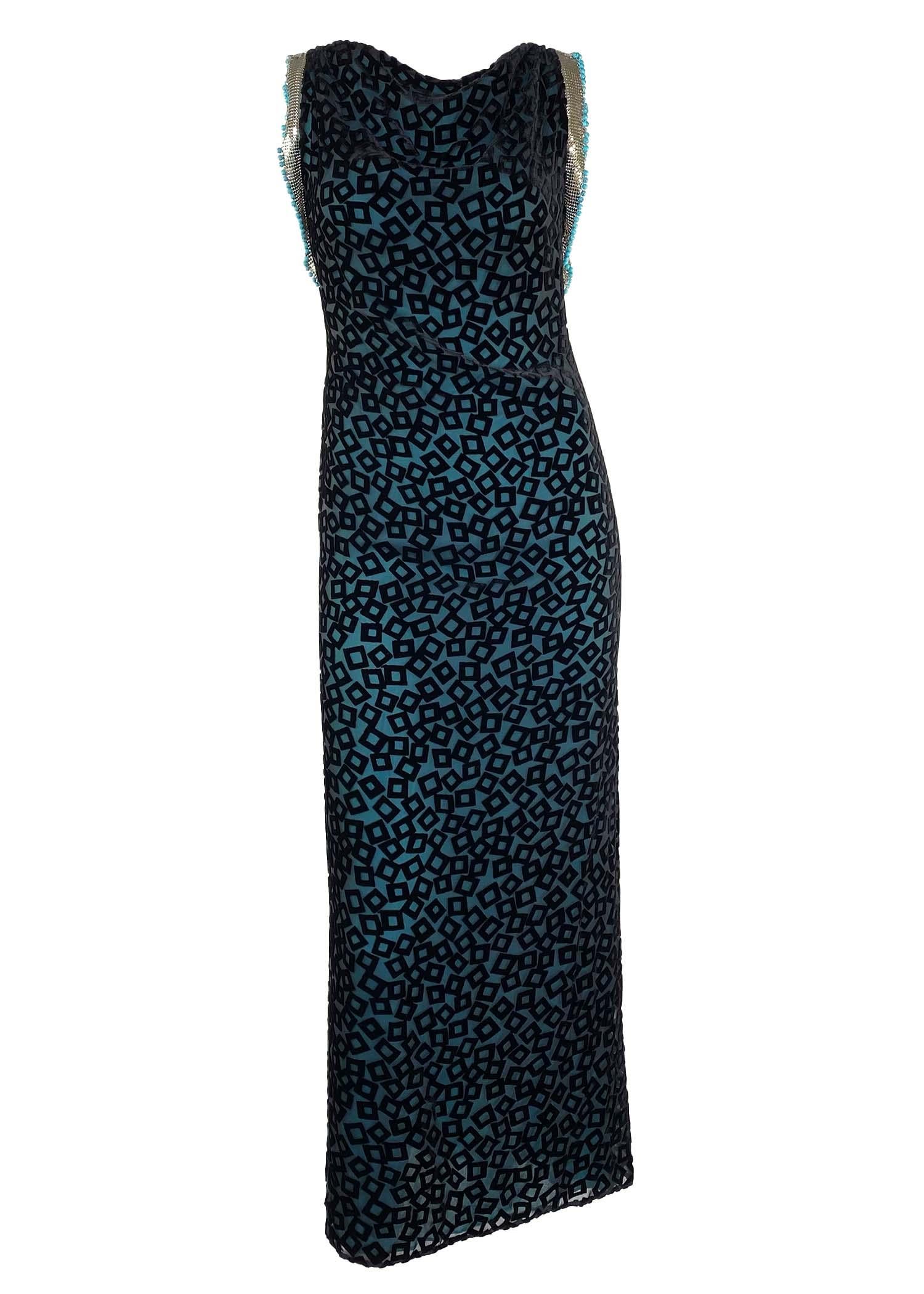 F/W 1999 Gianni Versace by Donatella Black Velvet Turquoise Beaded Oroton Gown For Sale 2