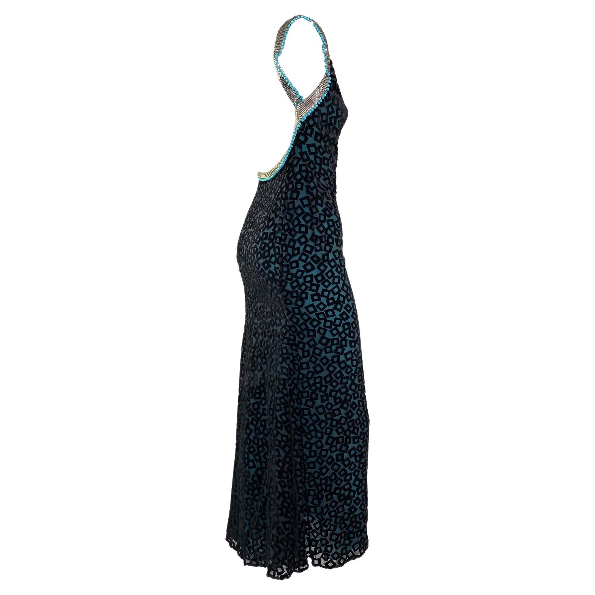 F/W 1999 Gianni Versace by Donatella Black Velvet Turquoise Beaded Oroton Gown For Sale