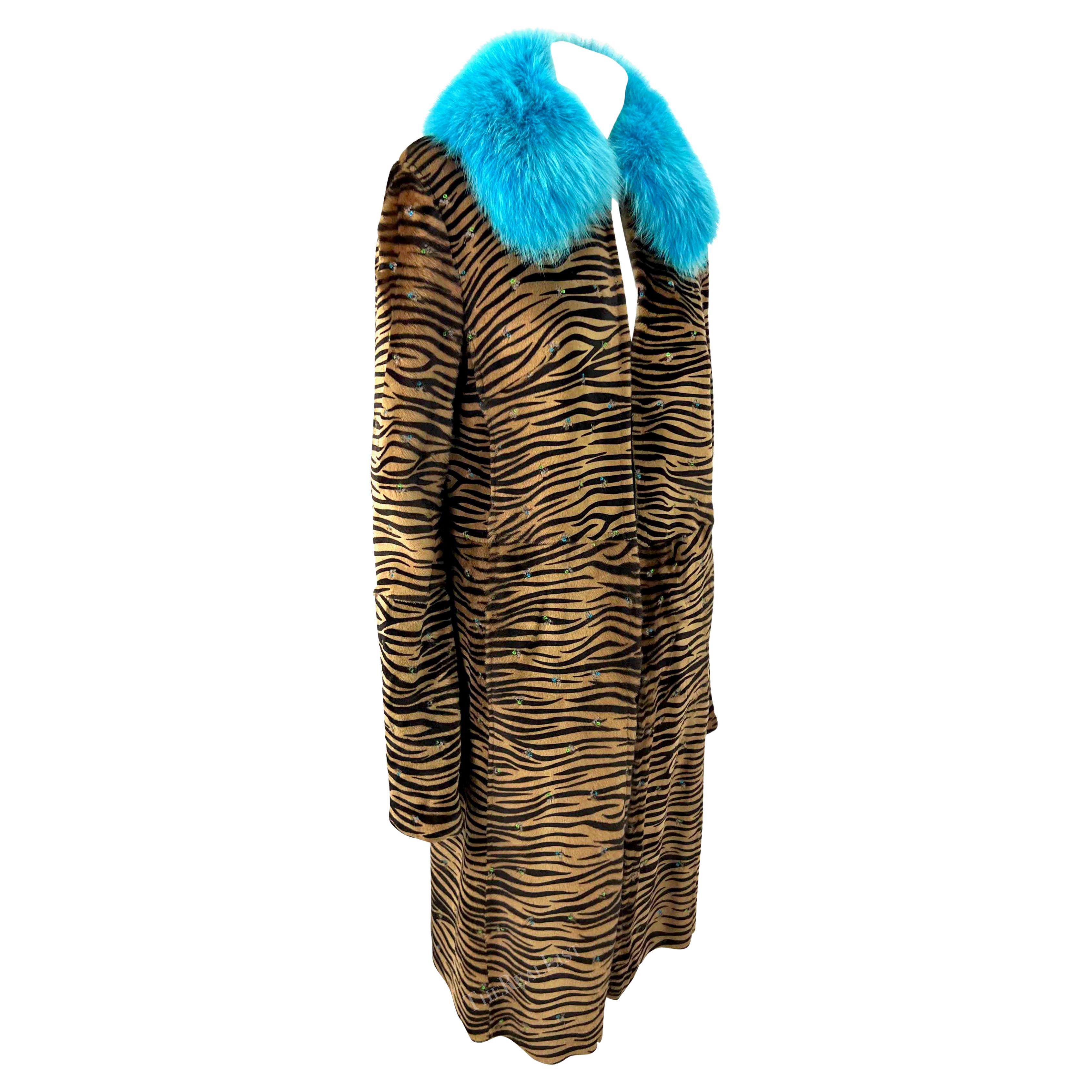 F/W 1999 Gianni Versace by Donatella Embroidered Pony Hair Blue Fox Fur Coat For Sale 9