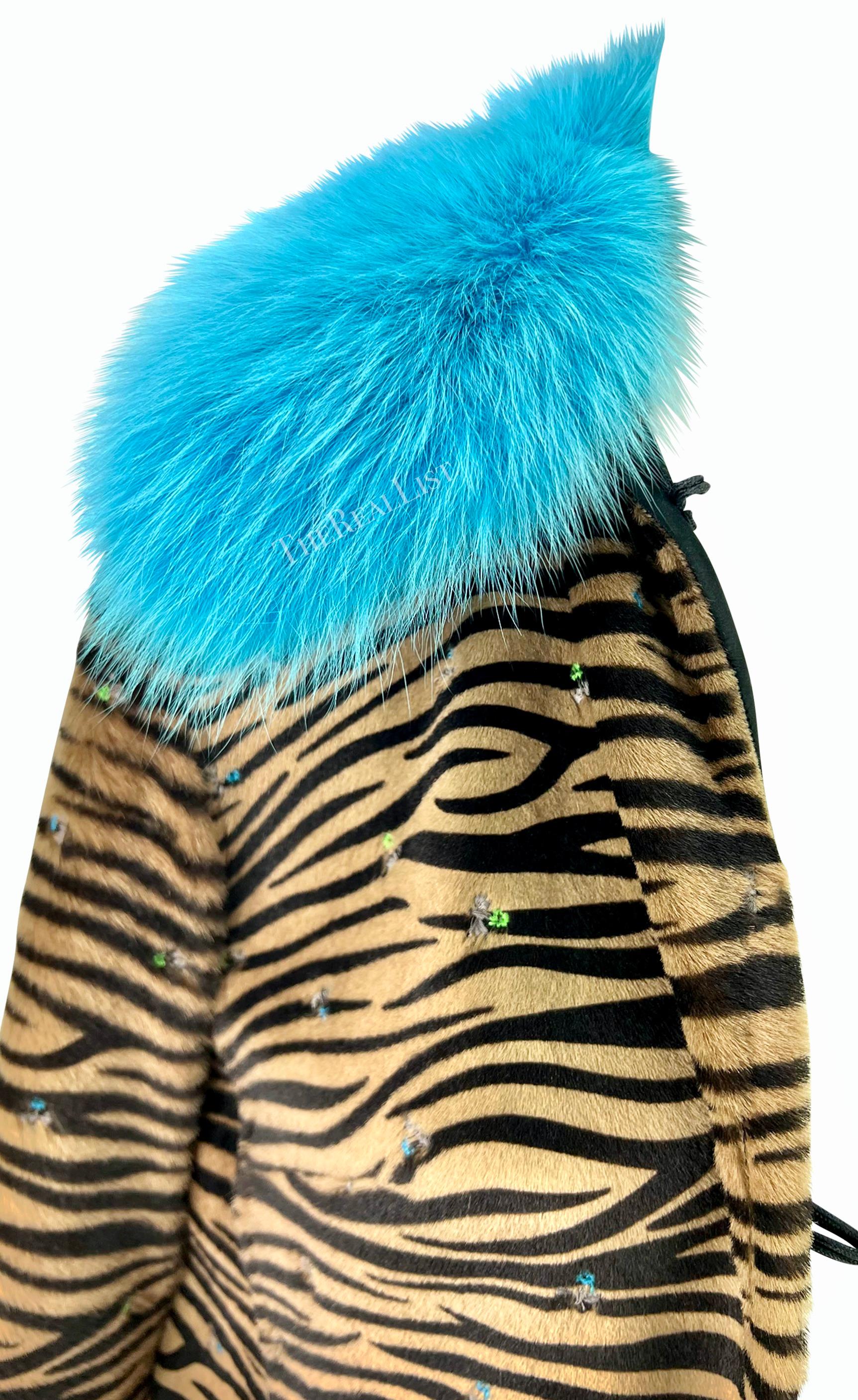 F/W 1999 Gianni Versace by Donatella Embroidered Pony Hair Blue Fox Fur Coat For Sale 2