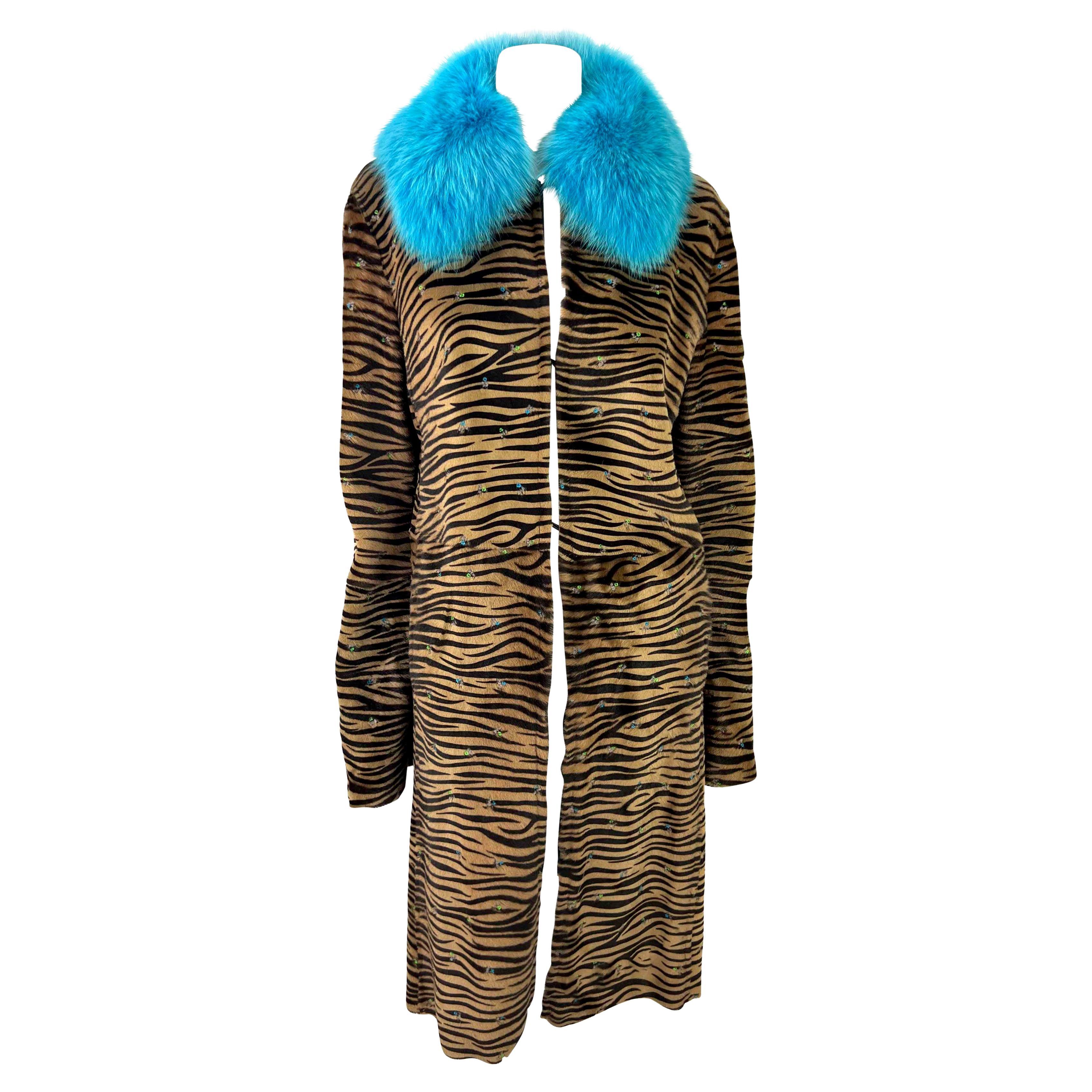 F/W 1999 Gianni Versace by Donatella Embroidered Pony Hair Blue Fox Fur Coat For Sale
