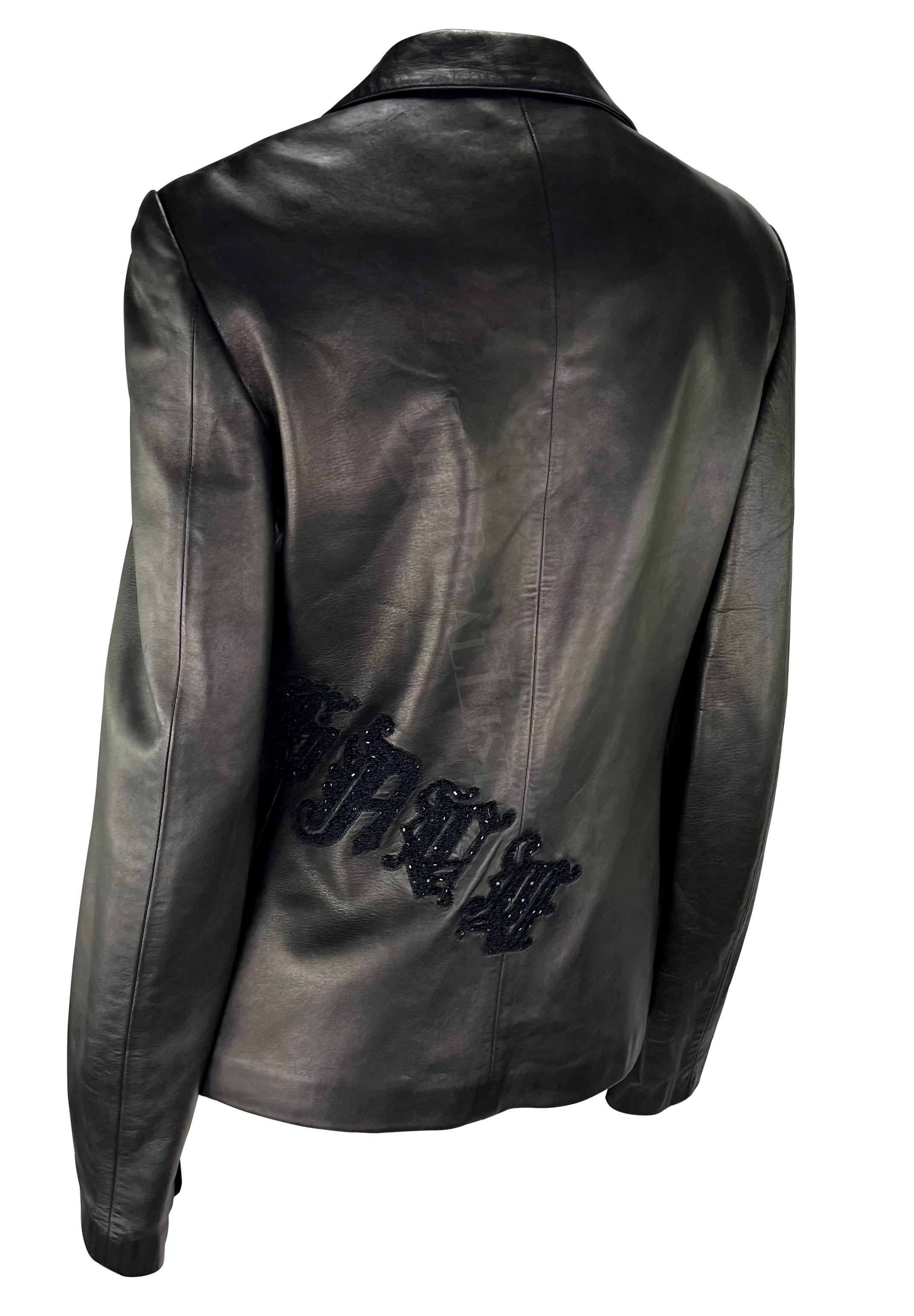 Women's F/W 1999 Gianni Versace by Donatella Logo Embroidered Black Leather Jacket For Sale