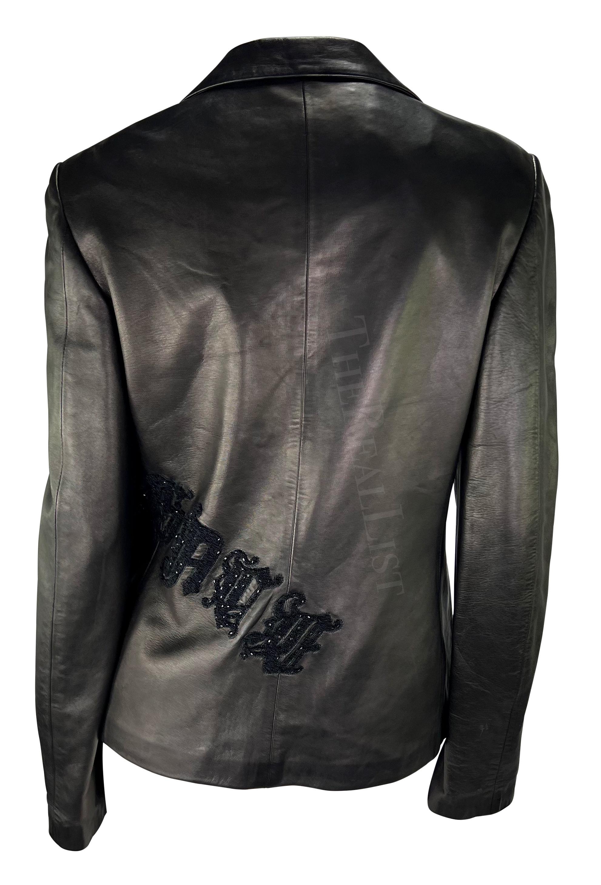 F/W 1999 Gianni Versace by Donatella Logo Embroidered Black Leather Jacket For Sale 1