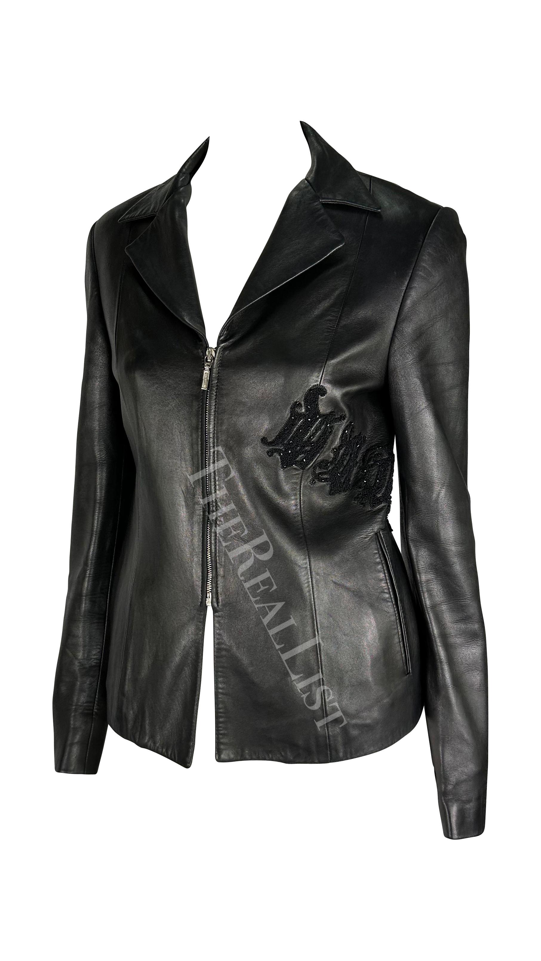 F/W 1999 Gianni Versace by Donatella Logo Embroidered Black Leather Jacket For Sale 4