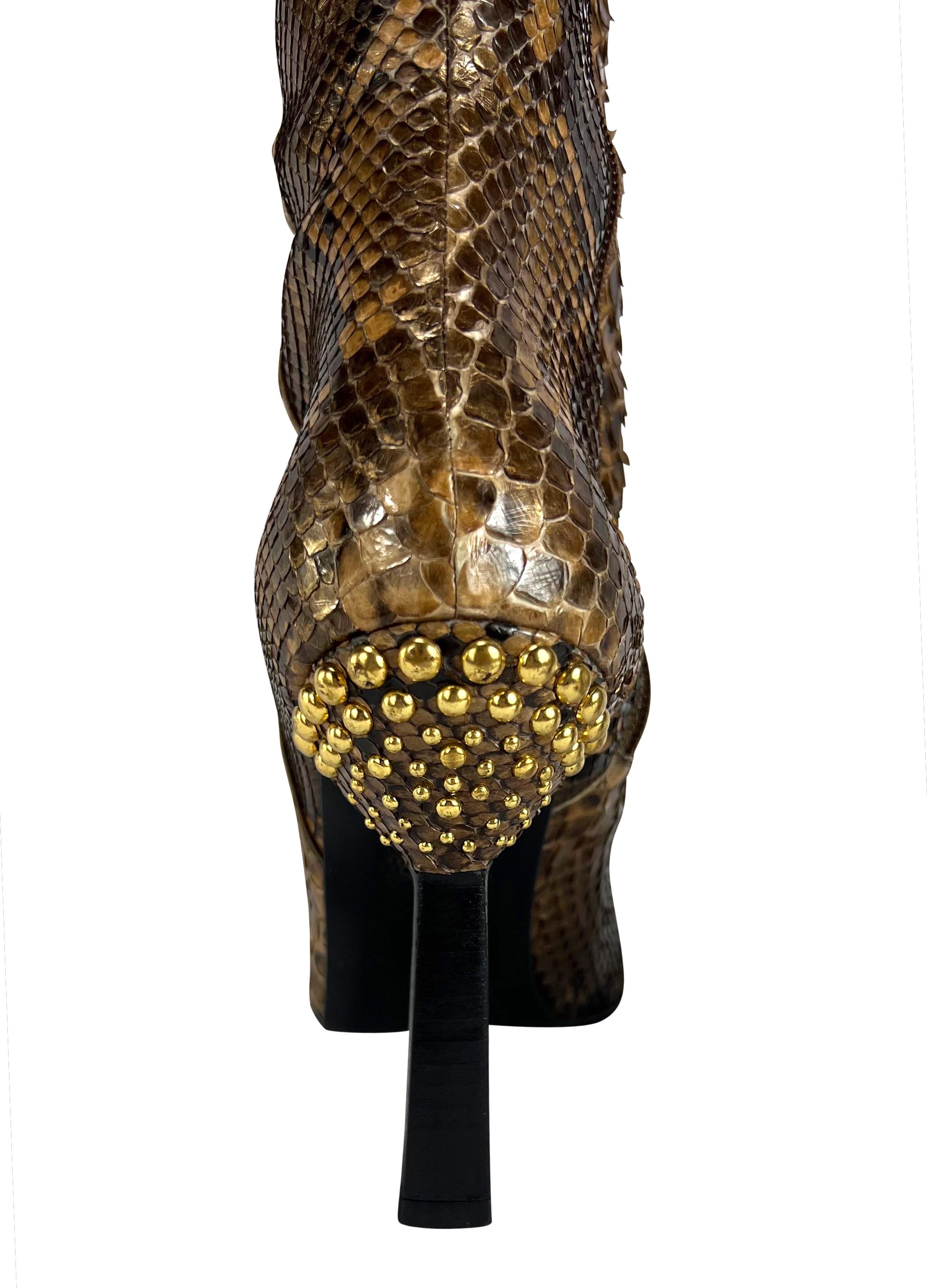 Brown F/W 1999 Gianni Versace by Donatella Metallic Python Heel Boots Size 37 For Sale