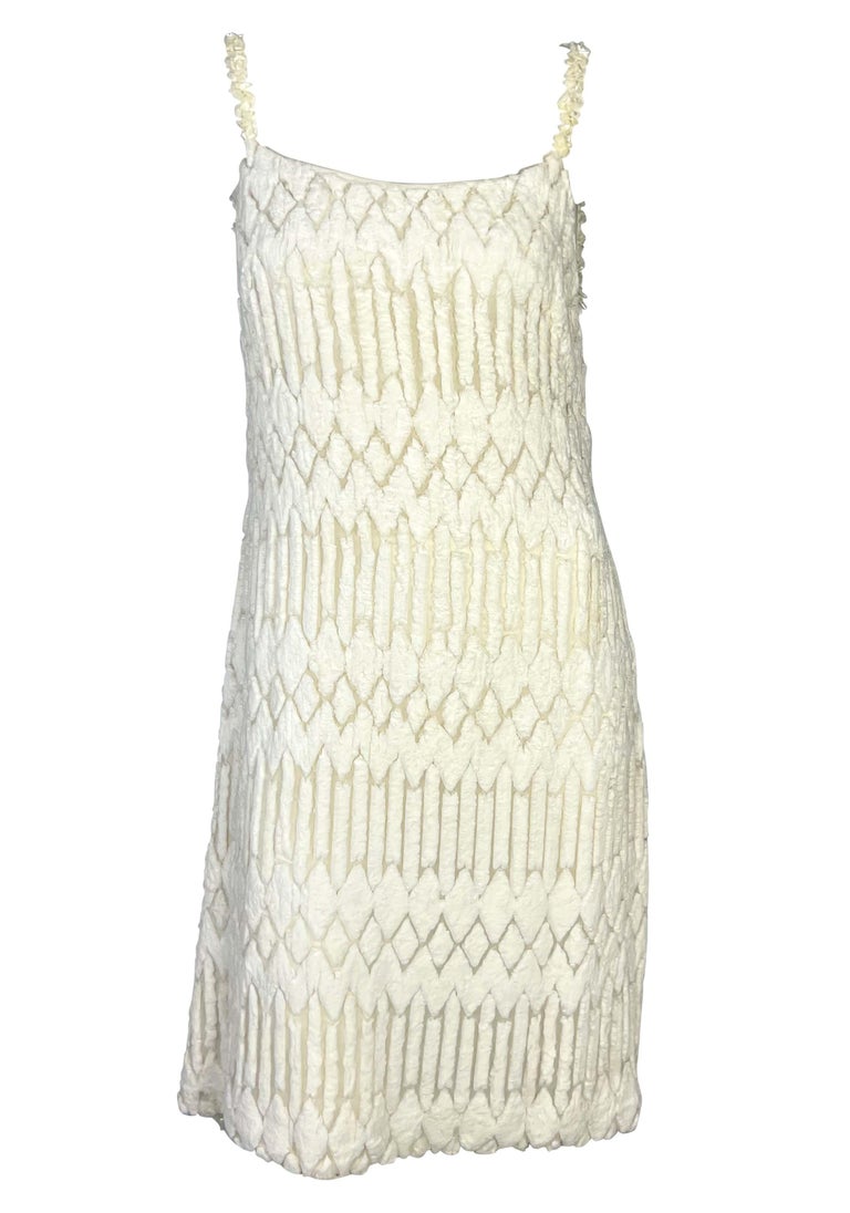 F/W 1999 Gianni Versace by Donatella Runway Sheer White Chenille Beaded Dress For Sale 7