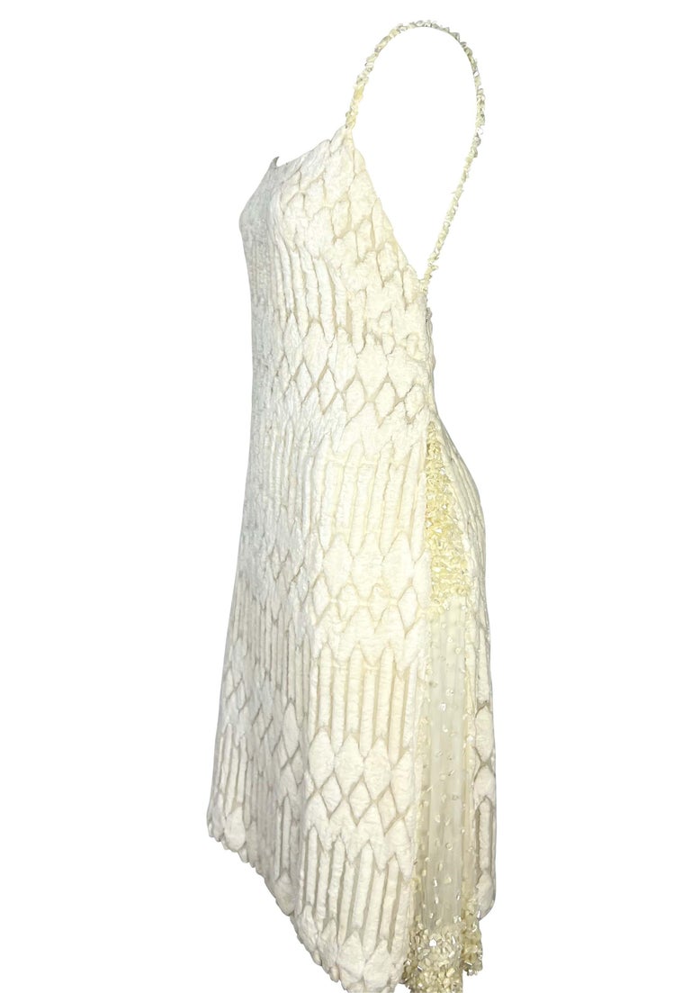 F/W 1999 Gianni Versace by Donatella Runway Sheer White Chenille Beaded Dress For Sale 8