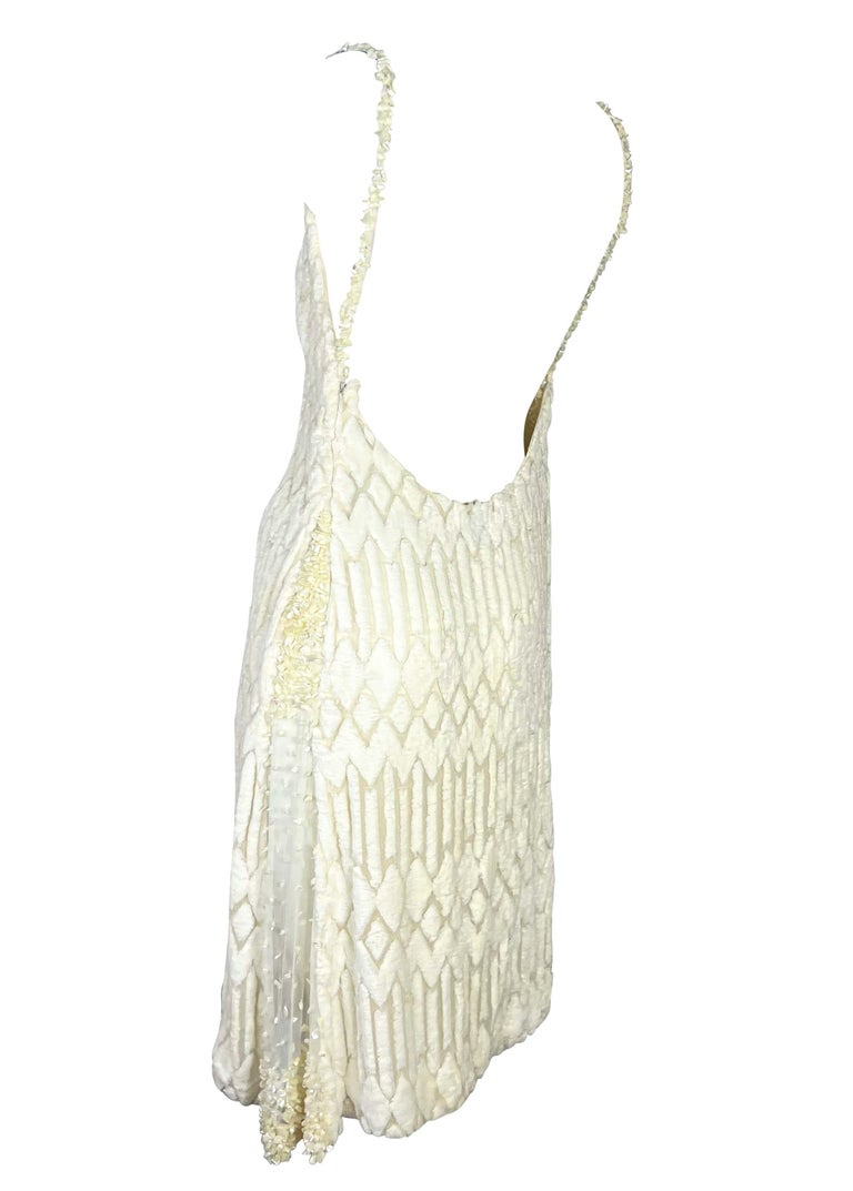F/W 1999 Gianni Versace by Donatella Runway Sheer White Chenille Beaded Dress For Sale 2
