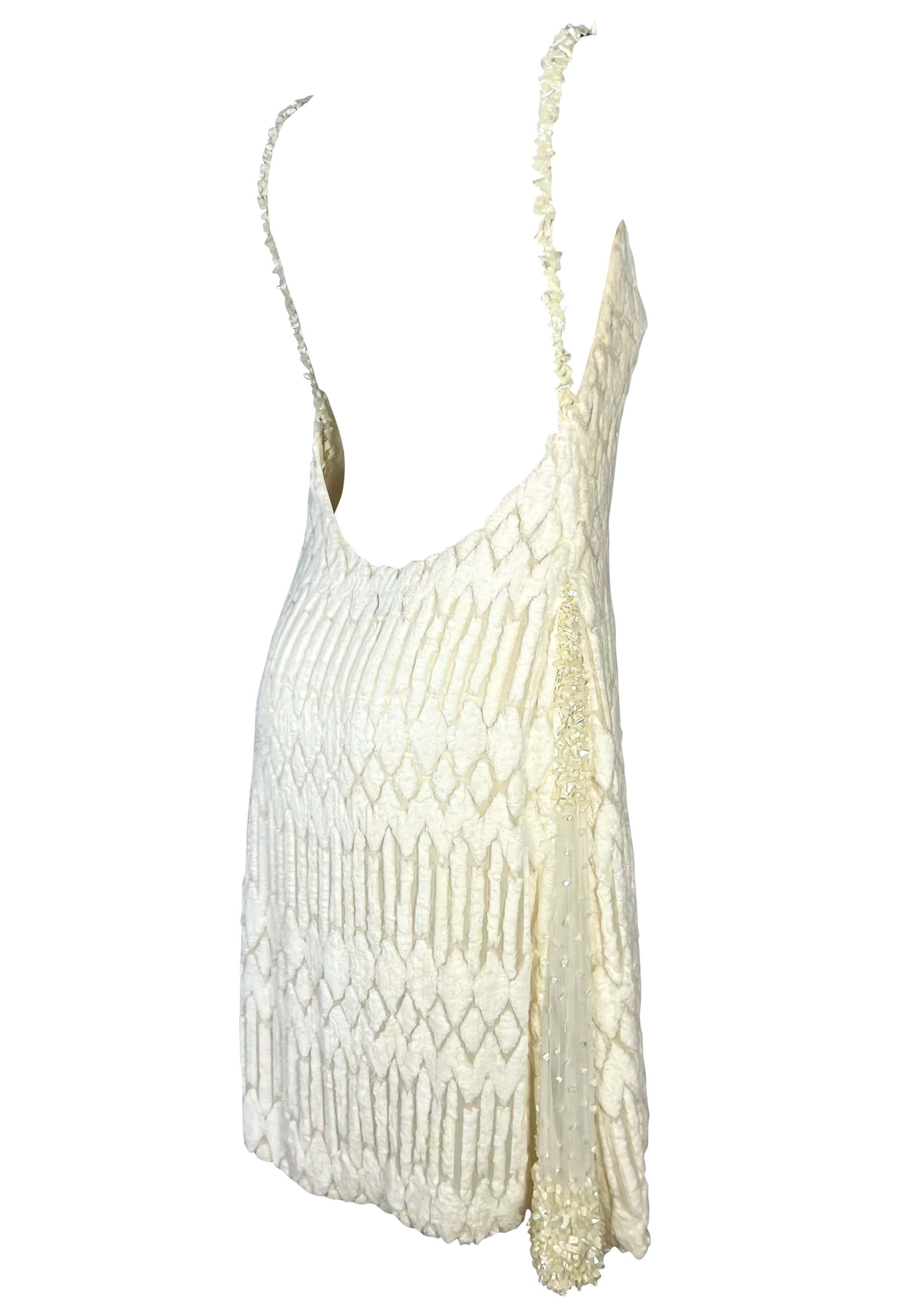 F/W 1999 Gianni Versace by Donatella Runway Sheer White Chenille Beaded Dress For Sale 1