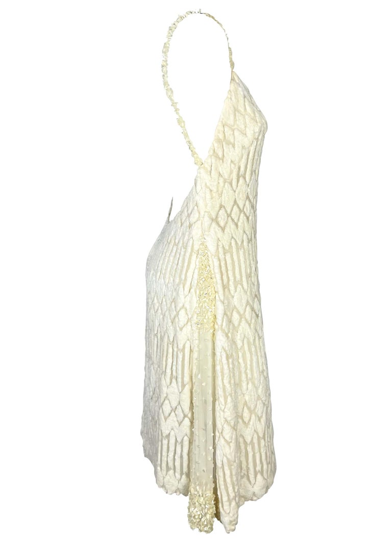 F/W 1999 Gianni Versace by Donatella Runway Sheer White Chenille Beaded Dress For Sale 5