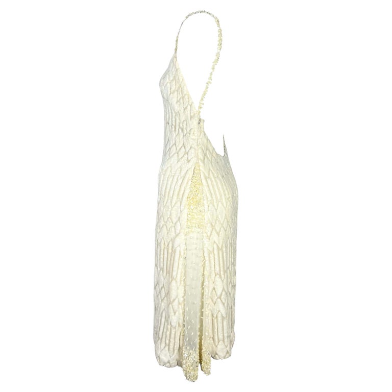 F/W 1999 Gianni Versace by Donatella Runway Sheer White Chenille Beaded Dress For Sale