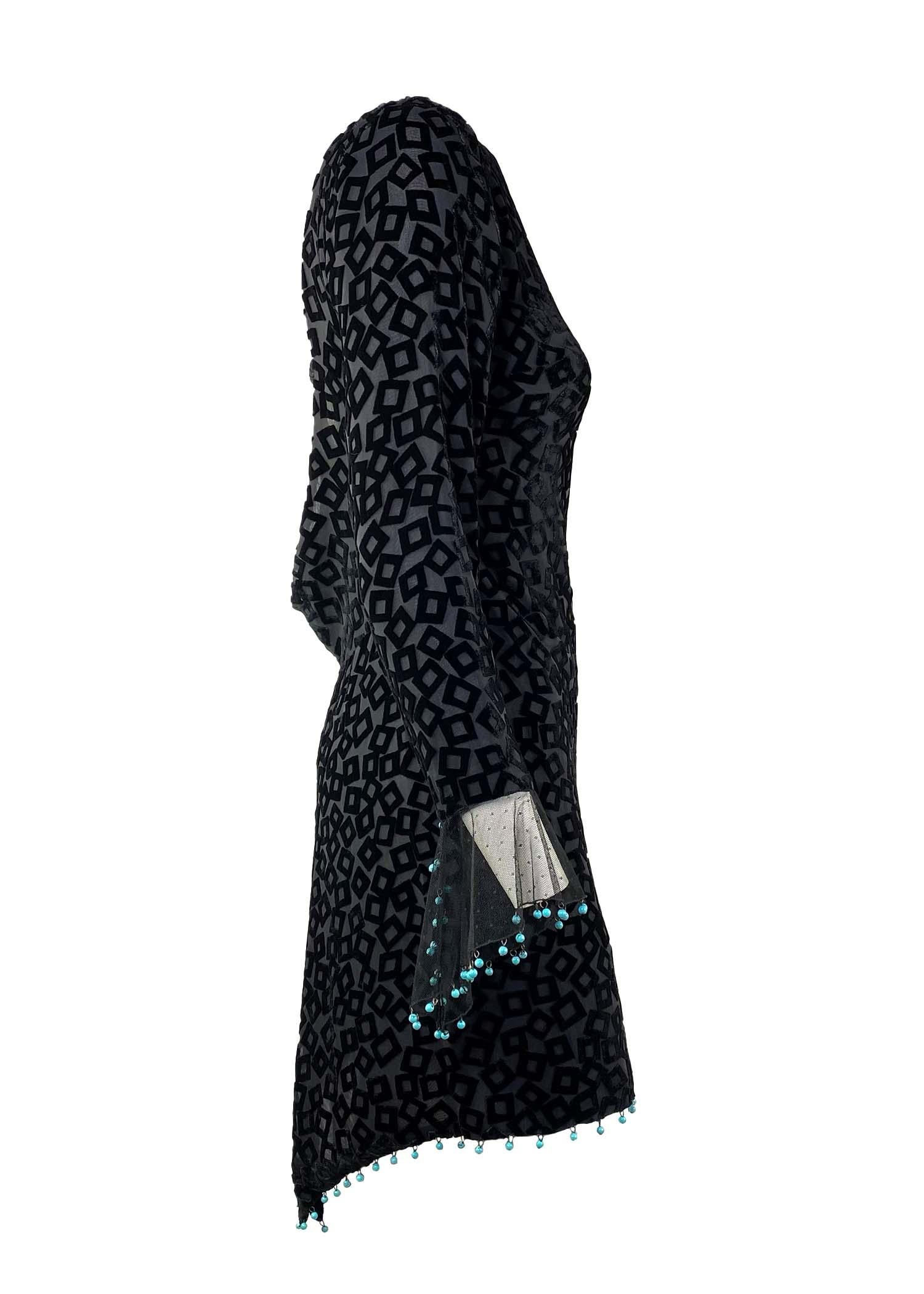Women's F/W 1999 Gianni Versace by Donatella Velvet Turquoise Beaded Flare Mini Dress For Sale